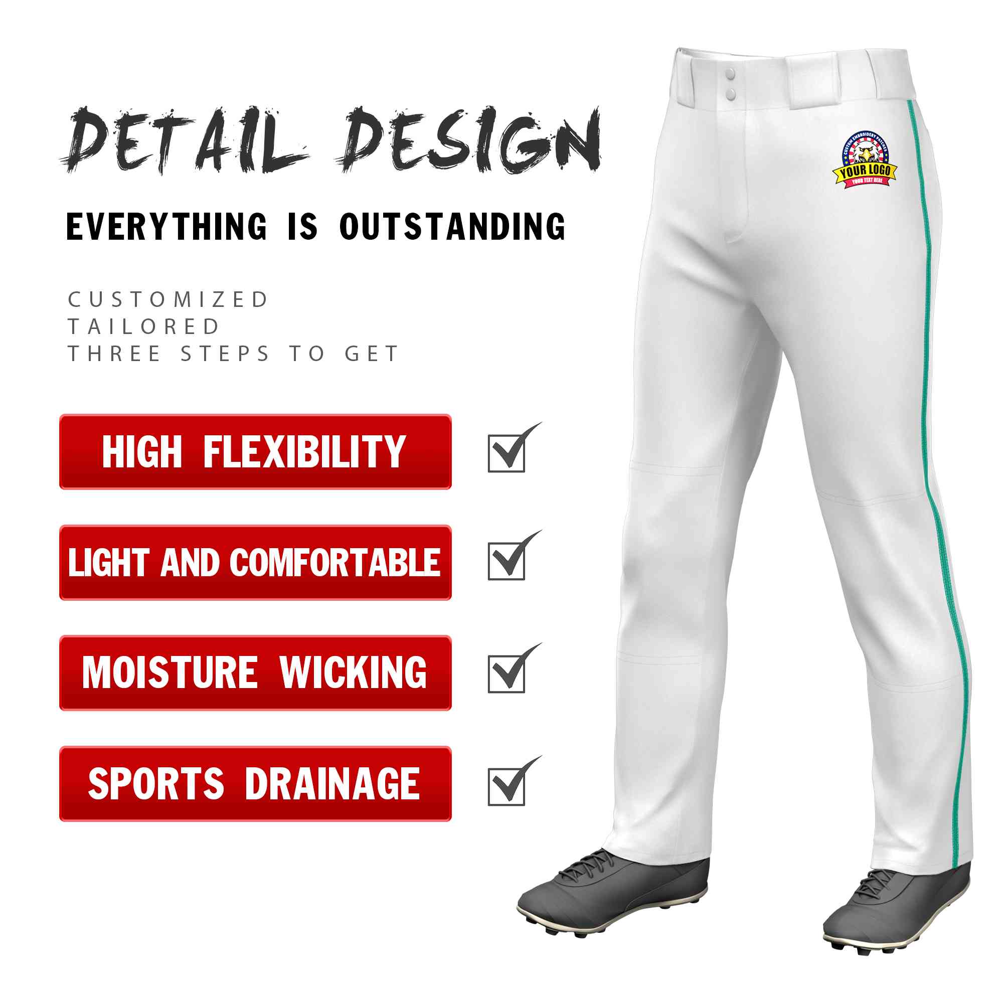 Custom White Teal Classic Fit Stretch Practice Loose-fit Baseball Pants