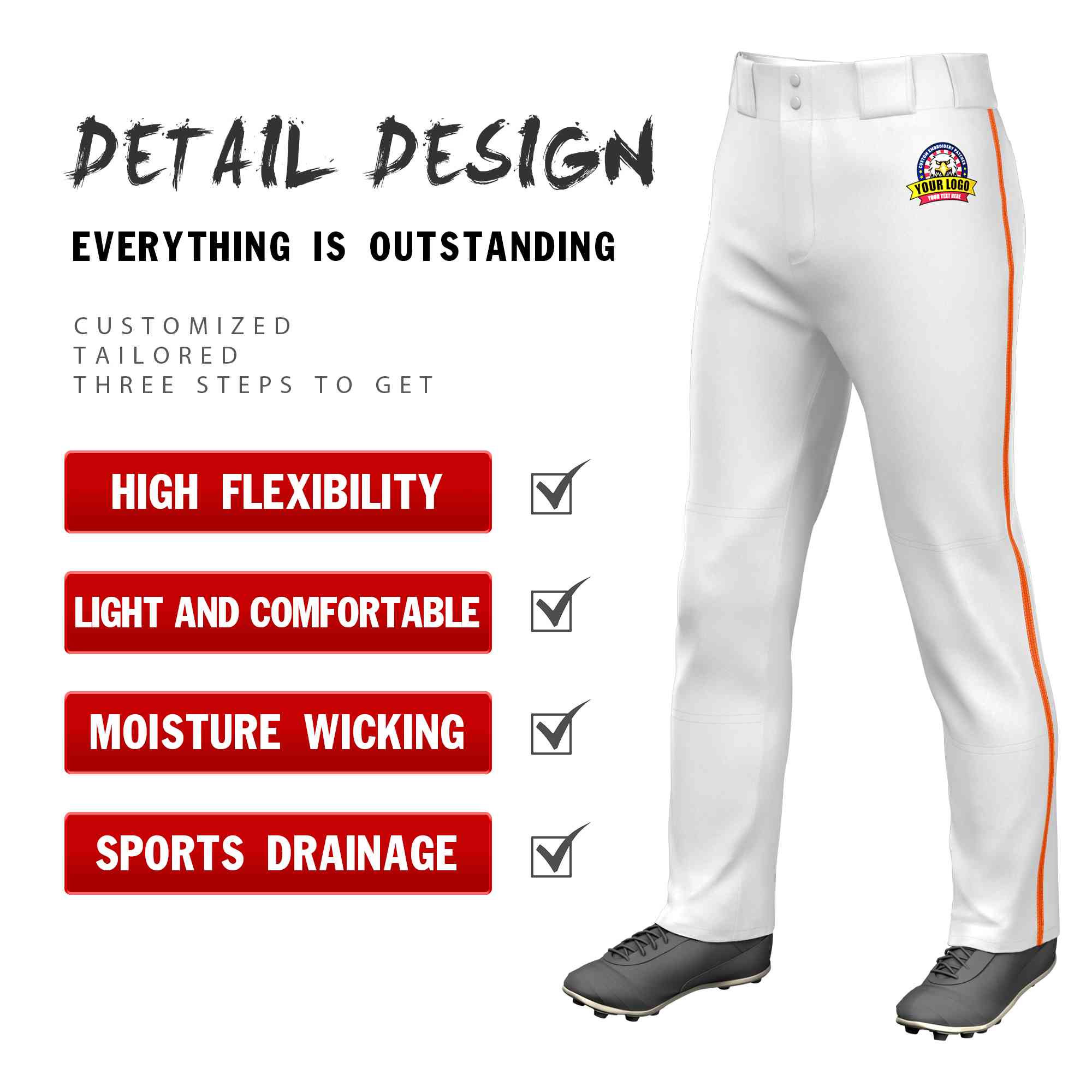 Custom White Orange Classic Fit Stretch Practice Loose-fit Baseball Pants