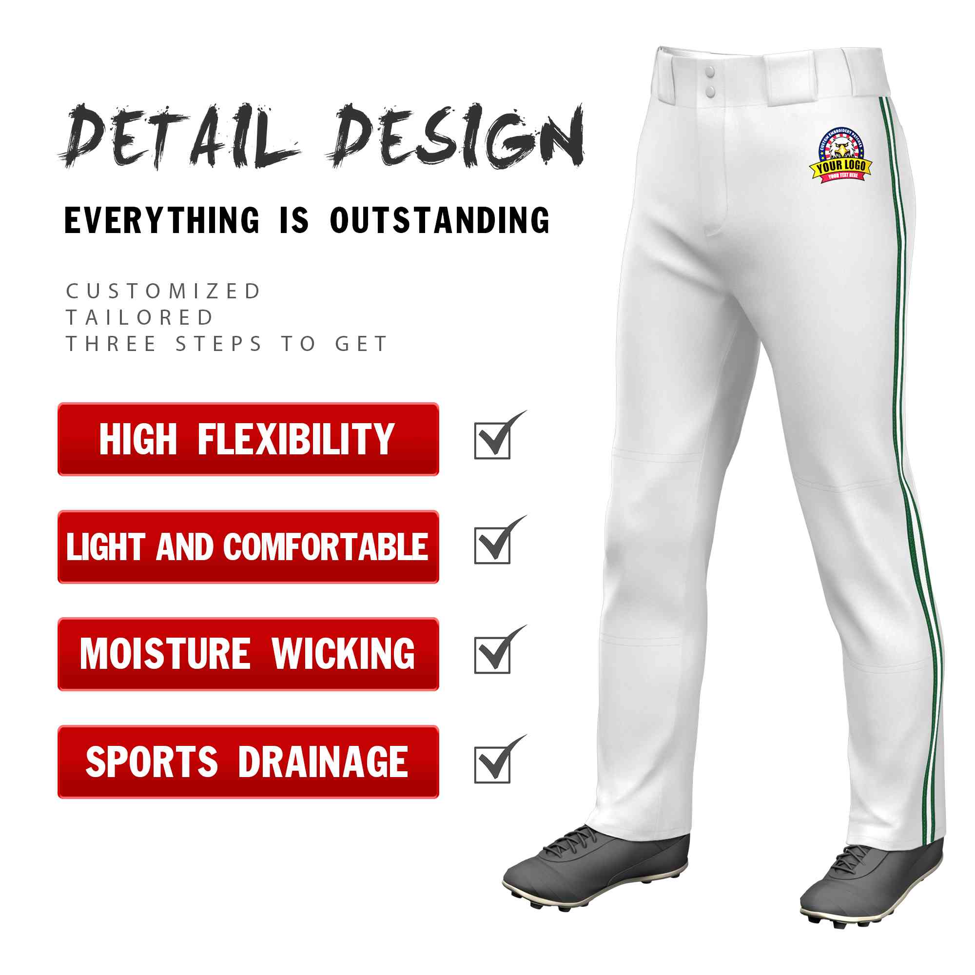 Custom White Green White-Green Classic Fit Stretch Practice Loose-fit Baseball Pants