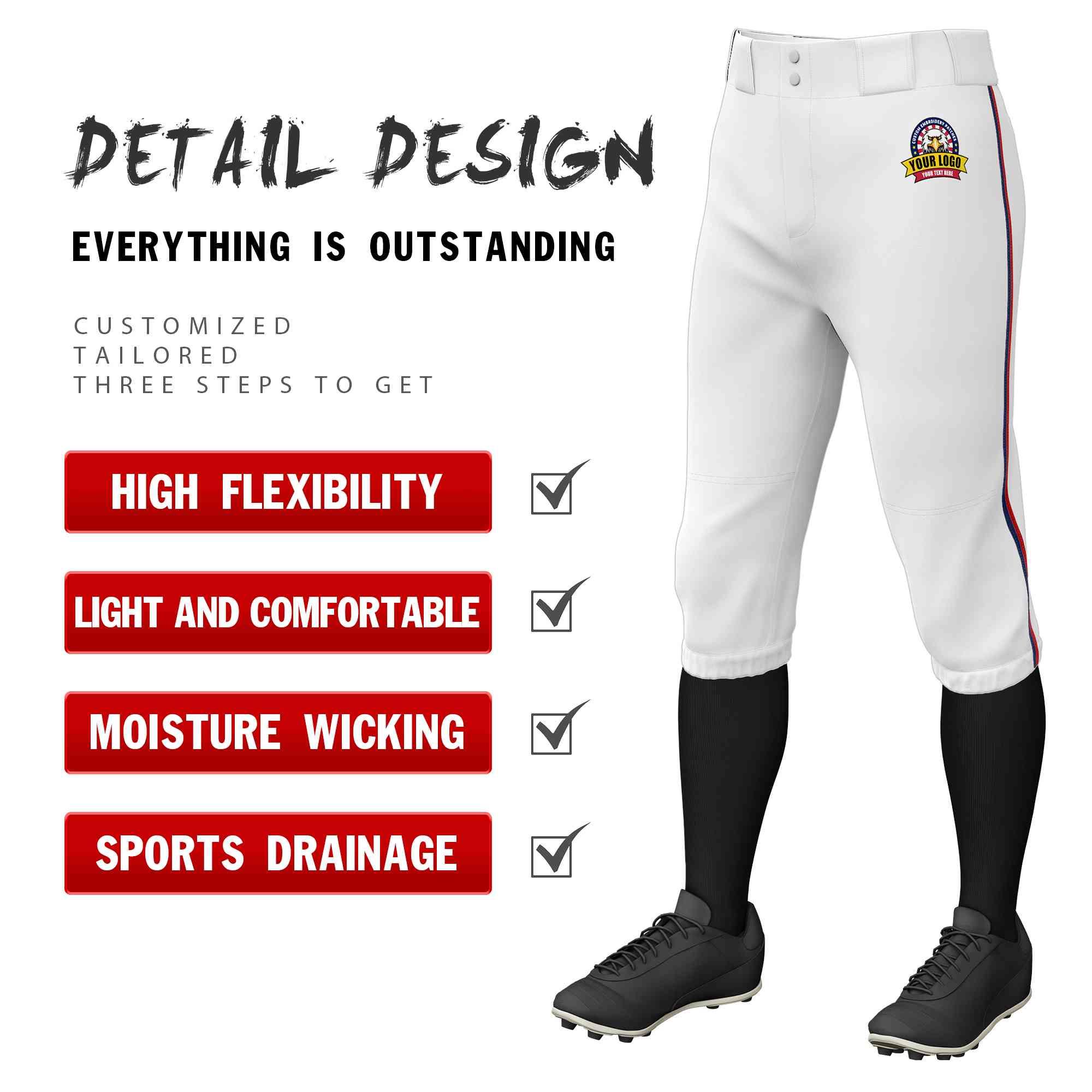 Pantalon de baseball personnalisé blanc bleu marine-rouge, coupe classique, culotte d'entraînement extensible