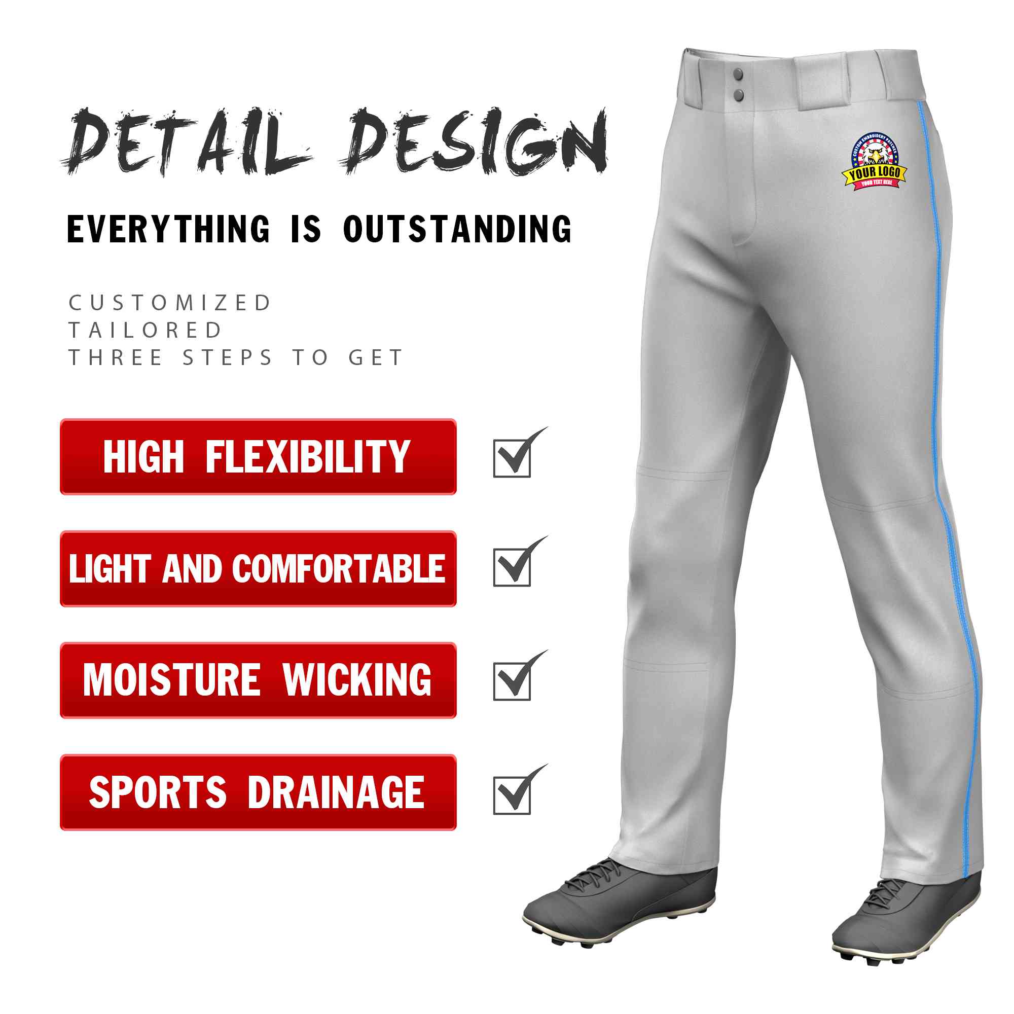 Custom Gray Powder Blue Classic Fit Stretch Practice Loose-fit Baseball Pants