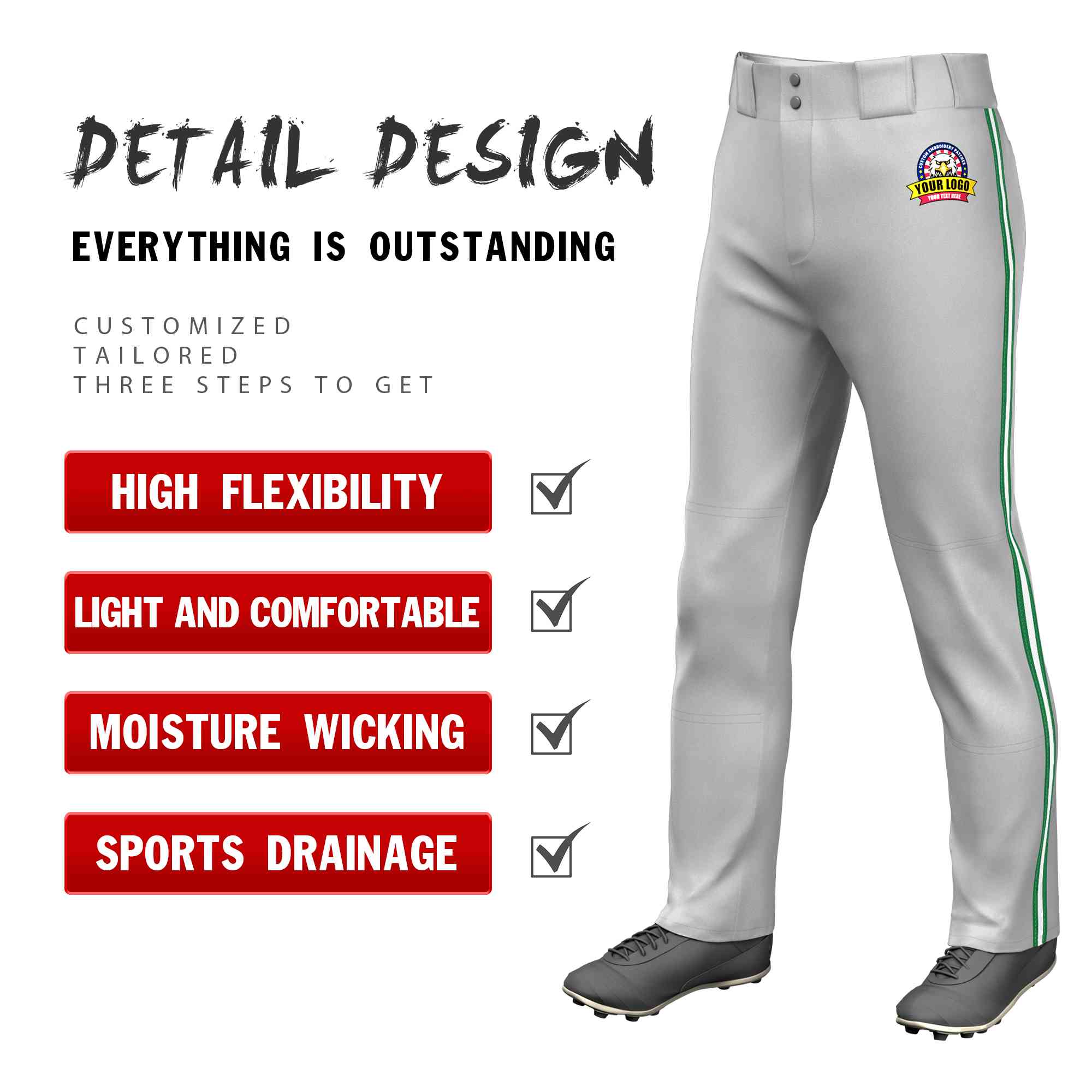 Custom Grey Kelly Green Blanc-Kelly Green Pantalon de baseball coupe classique extensible coupe ample