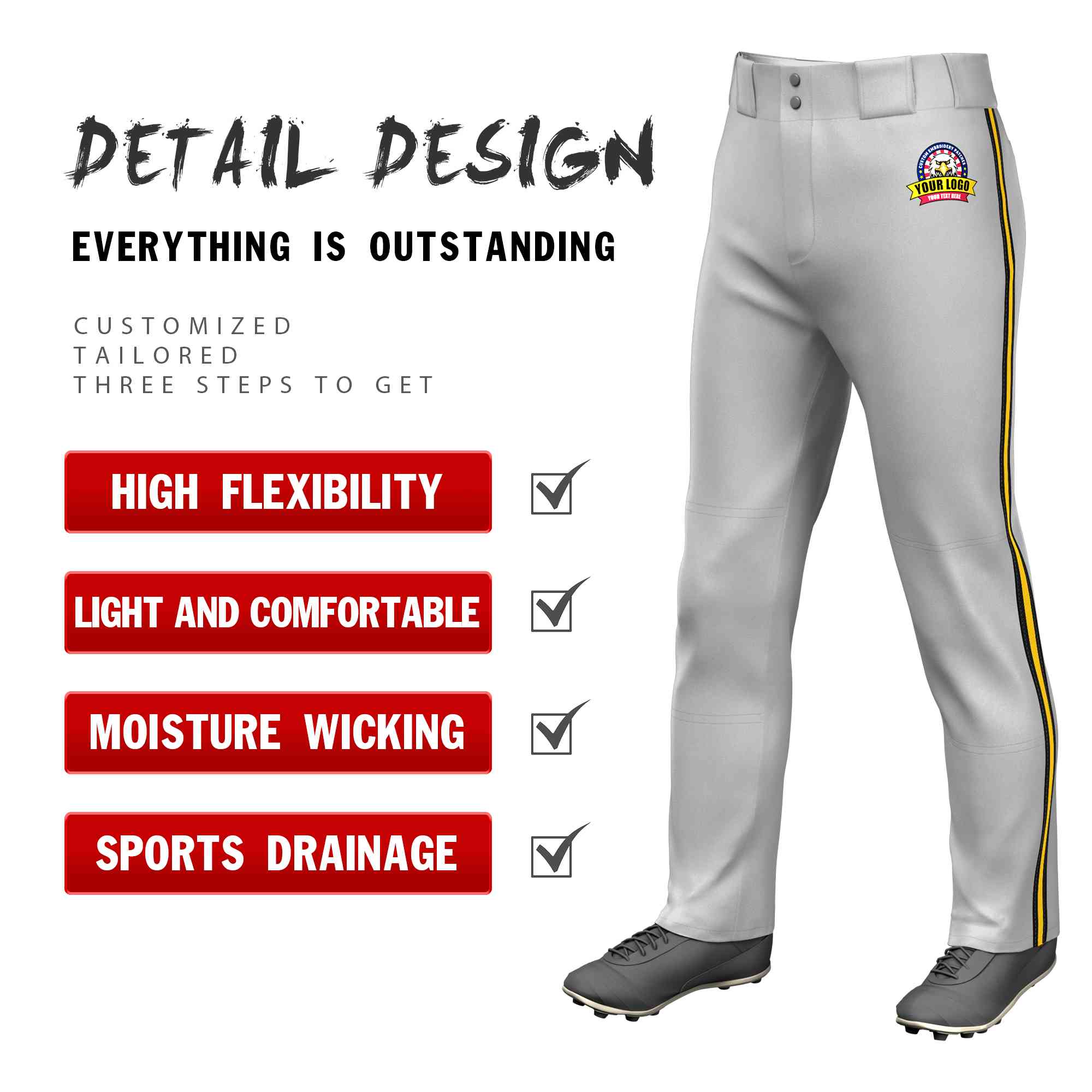 Custom Gray Black Gold-Black Classic Fit Stretch Practice Loose-fit Baseball Pants