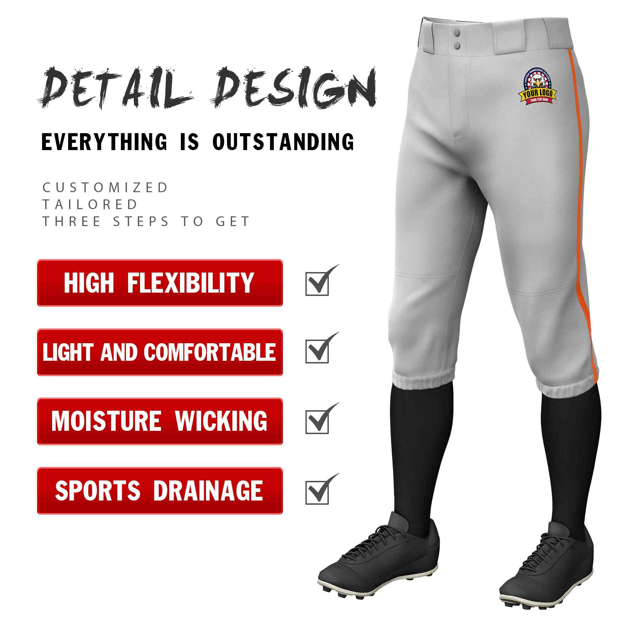 Pantalon de baseball personnalisé gris orange, coupe classique, culotte d'entraînement extensible