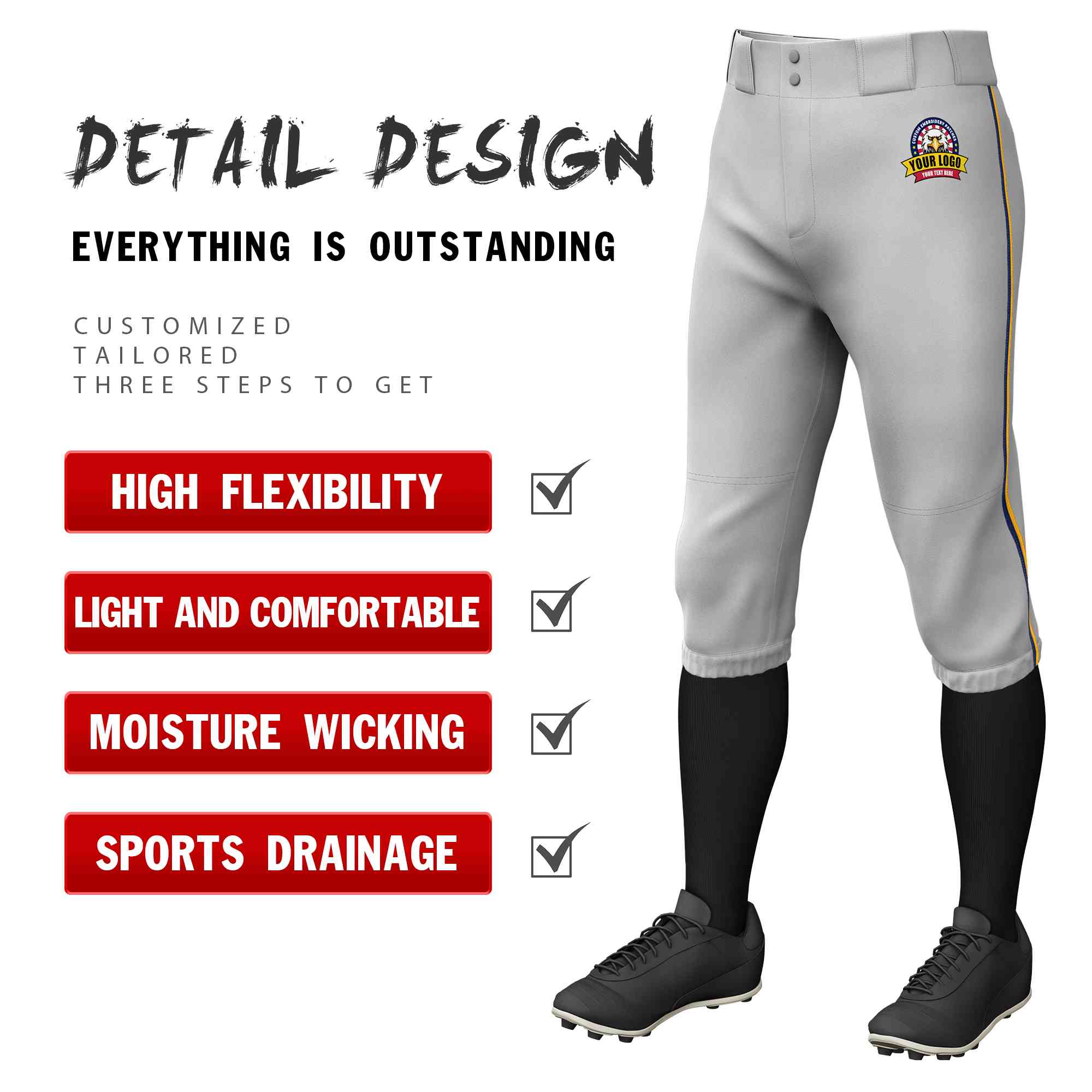 Pantalon de baseball personnalisé gris marine-jaune, coupe classique, culotte d'entraînement extensible