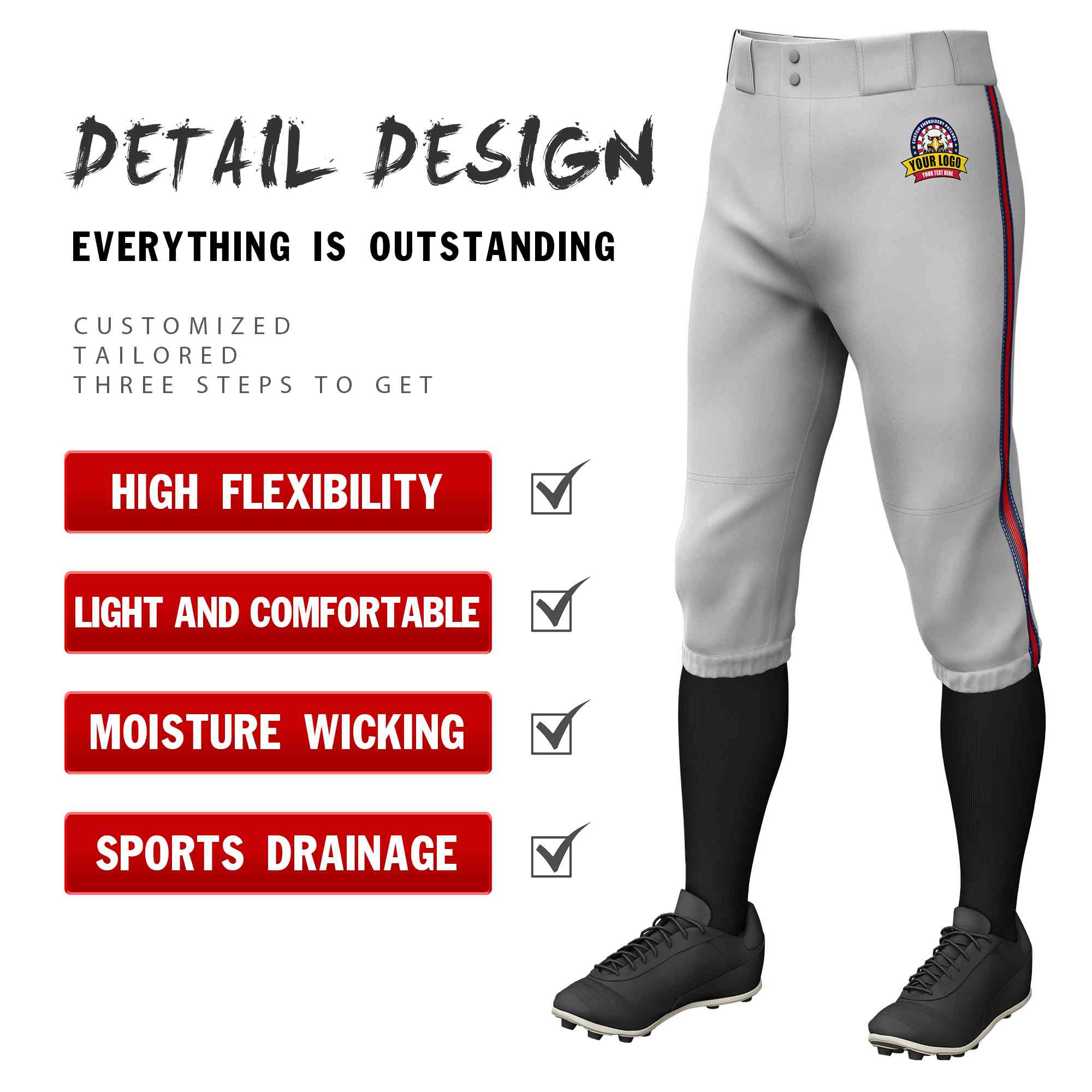 Custom Gray Navy Red-Navy Classic Fit Stretch Practice Knickers Baseball Pants