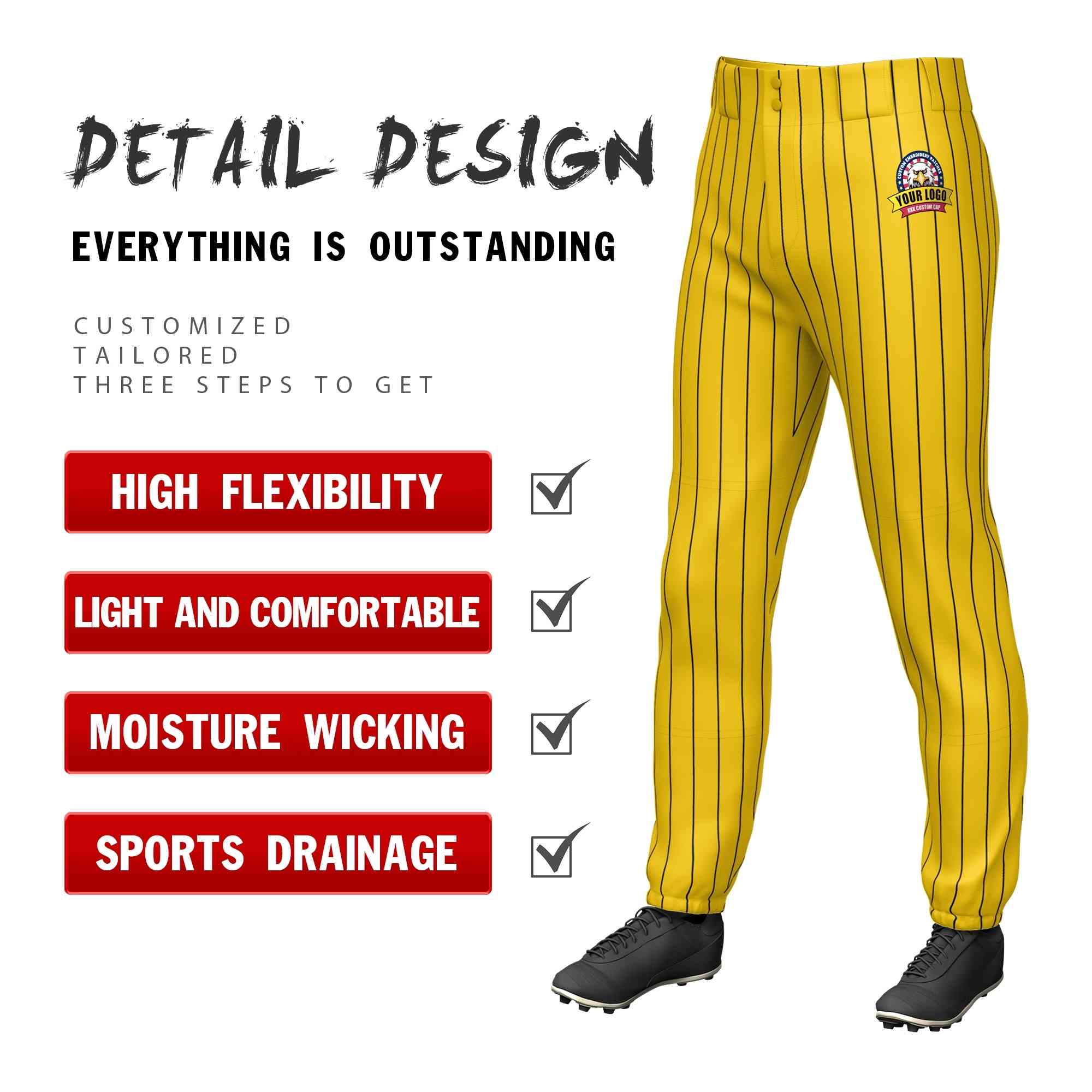 Custom Yellow Black Pinstripe Fit Stretch Practice Pull-up Baseball Pants