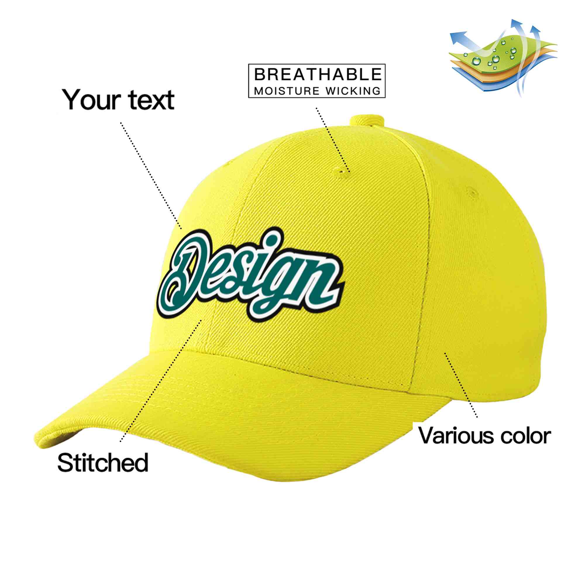 Custom Yellow Aqua-White Curved Eaves Sport Design Baseball Cap