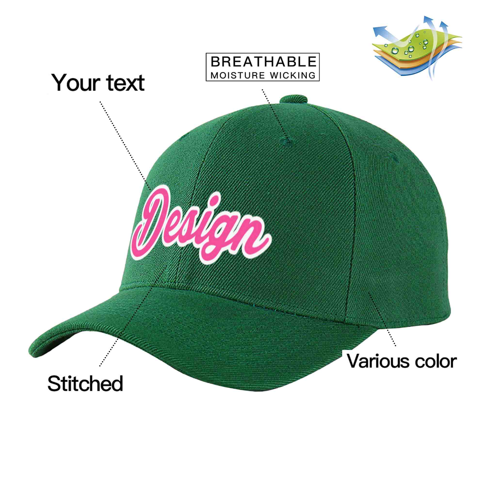 Custom Green Pink-White Curved Eaves Sport Design Baseball Cap