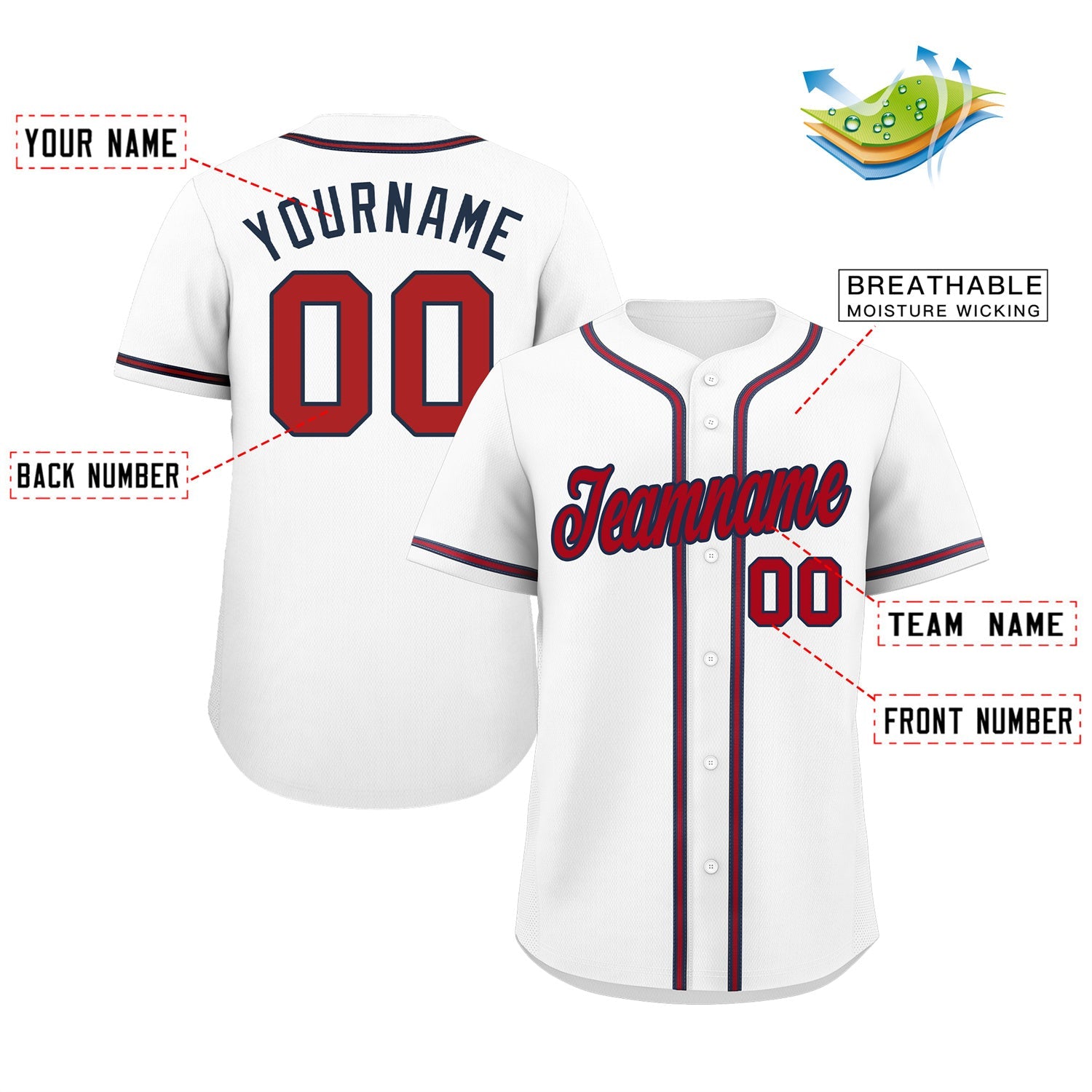 Custom White Red-Navy Classic Style Authentic Baseball Jersey