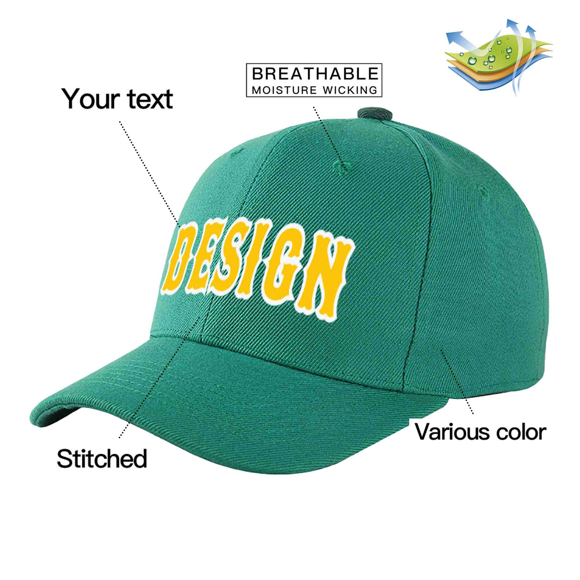 Custom Light Green Gold-White Curved Eaves Sport Design Baseball Cap
