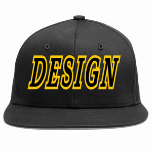 Custom Black Black-Gold Flat Eaves Sport Baseball Cap Design for Men/Women/Youth