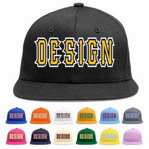 Custom Black Gold-Black Flat Eaves Sport Baseball Cap Design for Men/Women/Youth