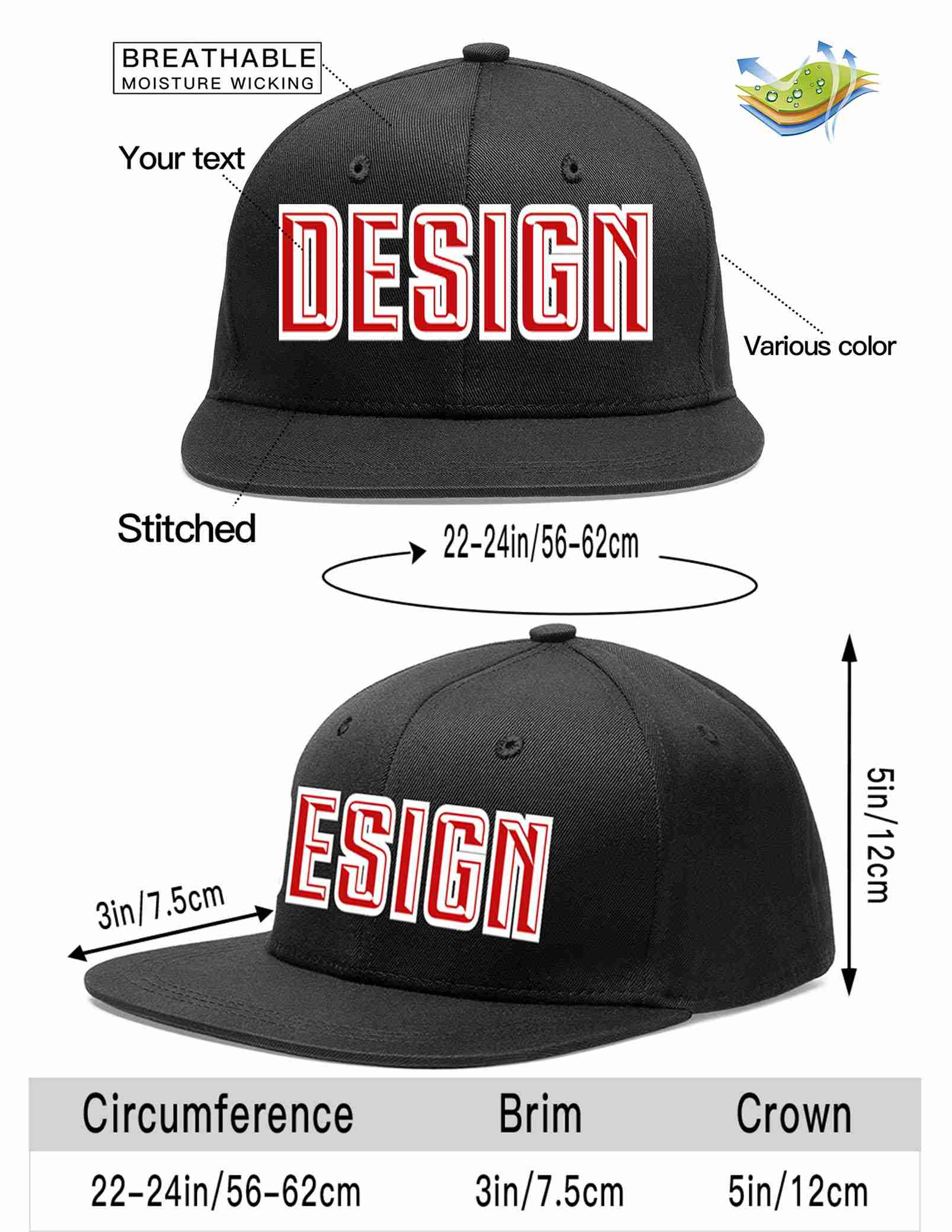 Custom Black Red-White Flat Eaves Sport Baseball Cap Design for Men/Women/Youth