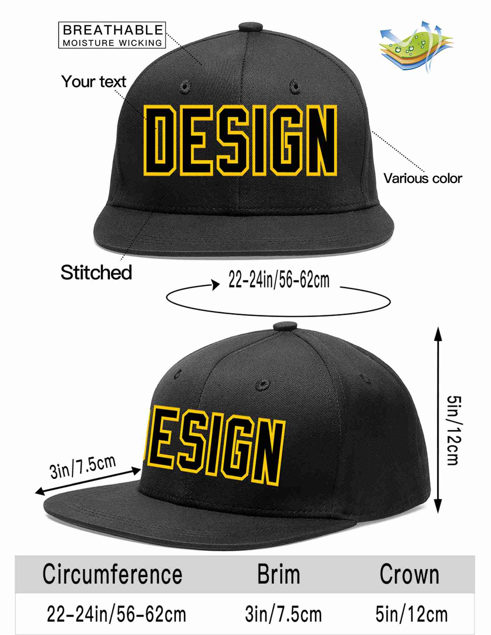 Custom Black Black-Gold Flat Eaves Sport Baseball Cap Design for Men/Women/Youth