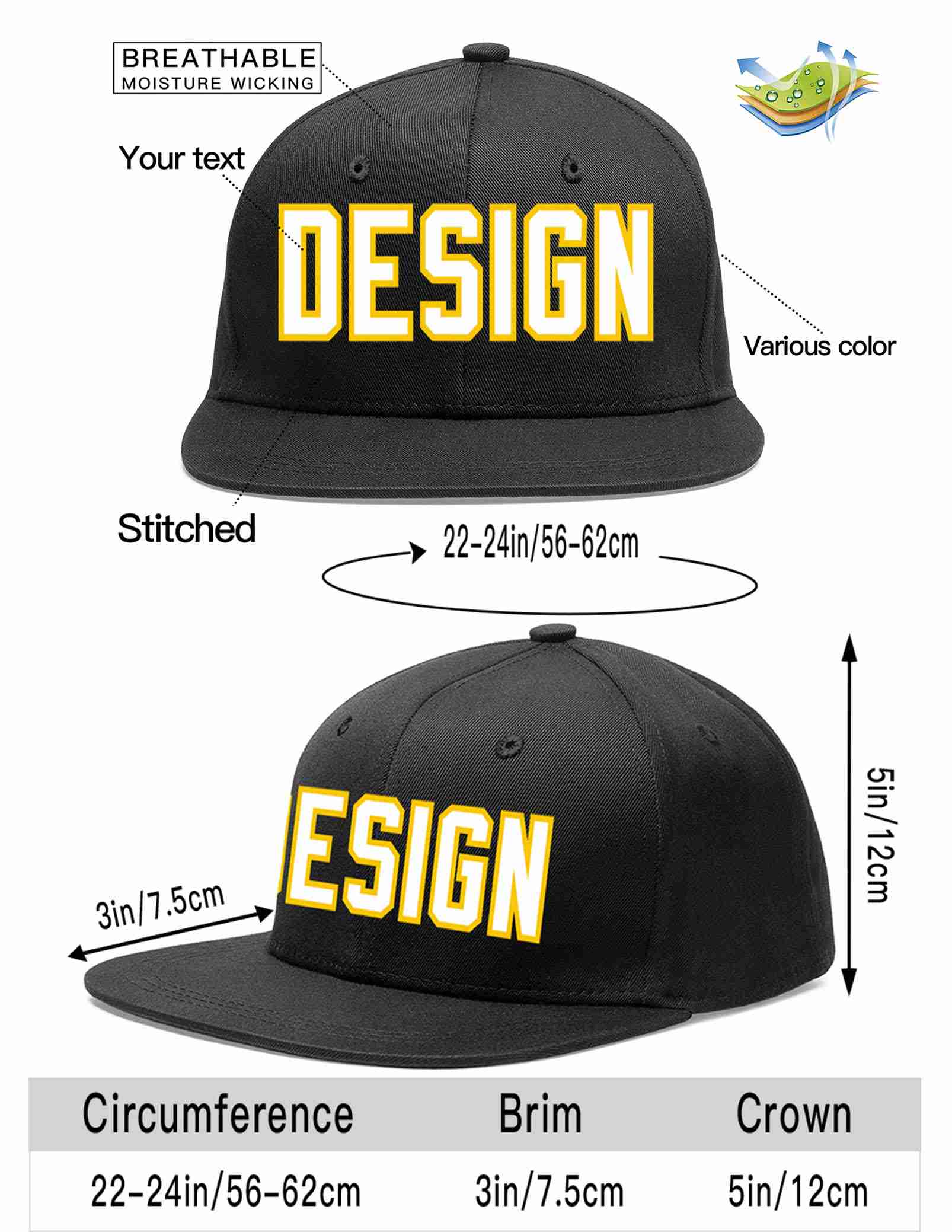 Custom Black White-Gold Flat Eaves Sport Baseball Cap Design for Men/Women/Youth