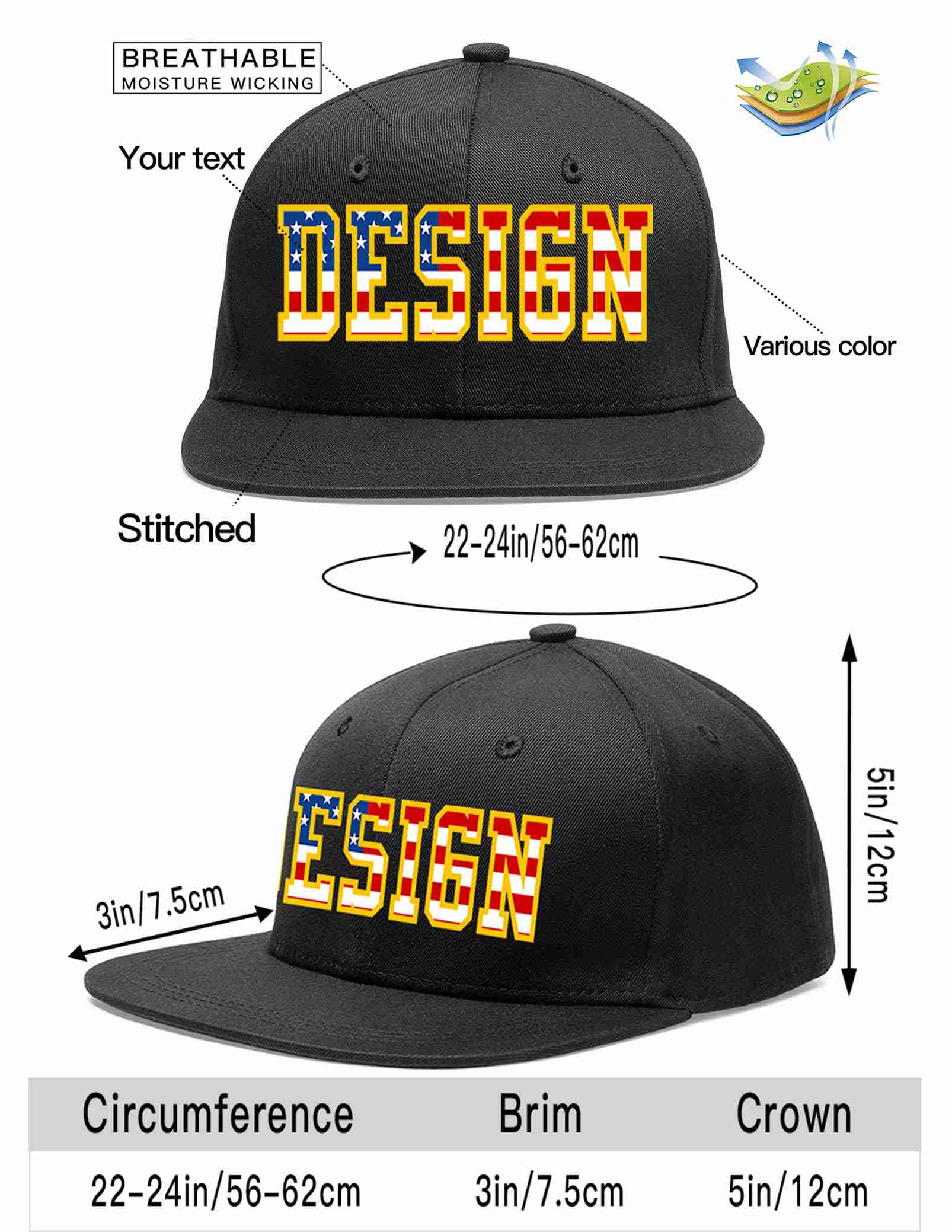 Custom Black Vintage?USA?Flag-Gold Flat Eaves Sport Baseball Cap Design for Men/Women/Youth