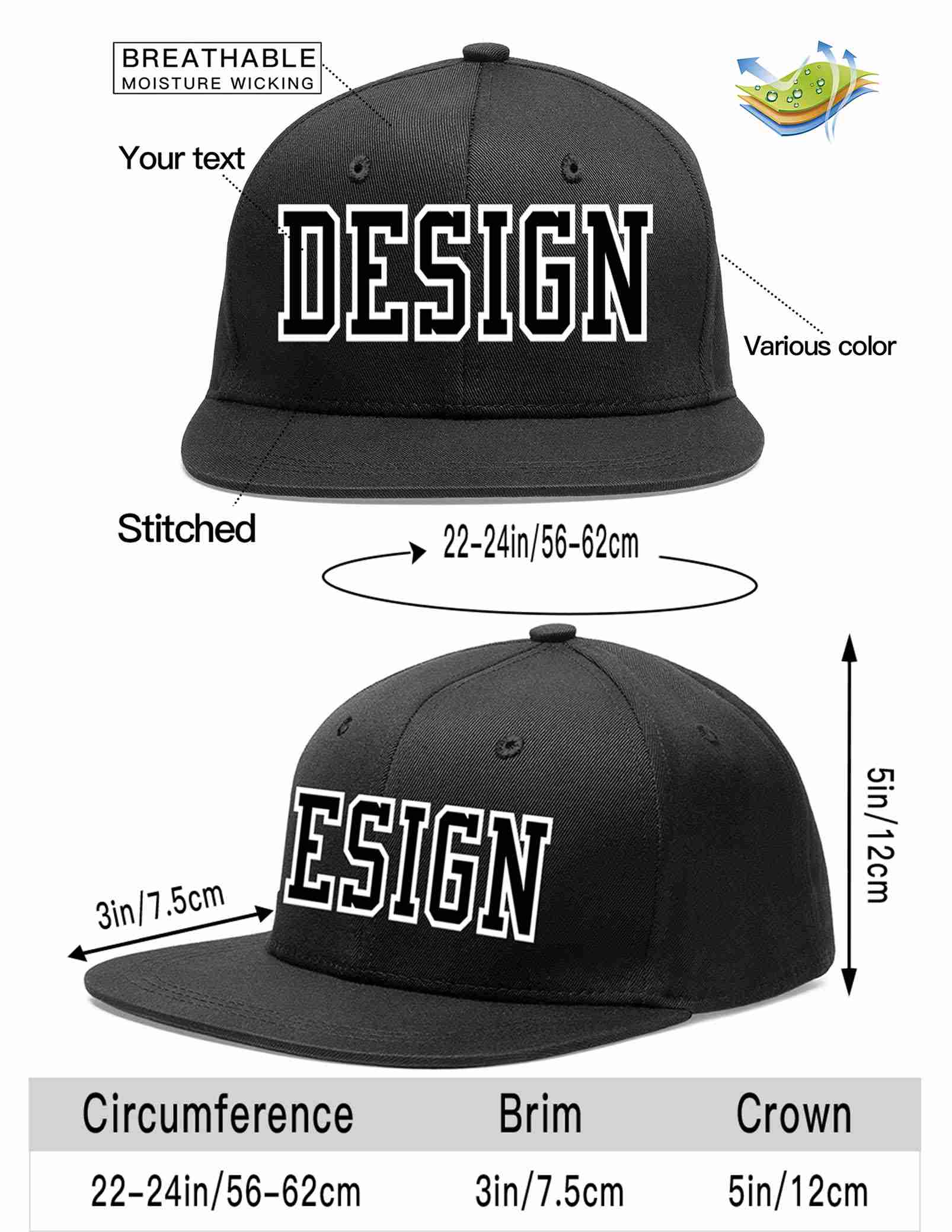 Custom Black Black-White Flat Eaves Sport Baseball Cap Design for Men/Women/Youth