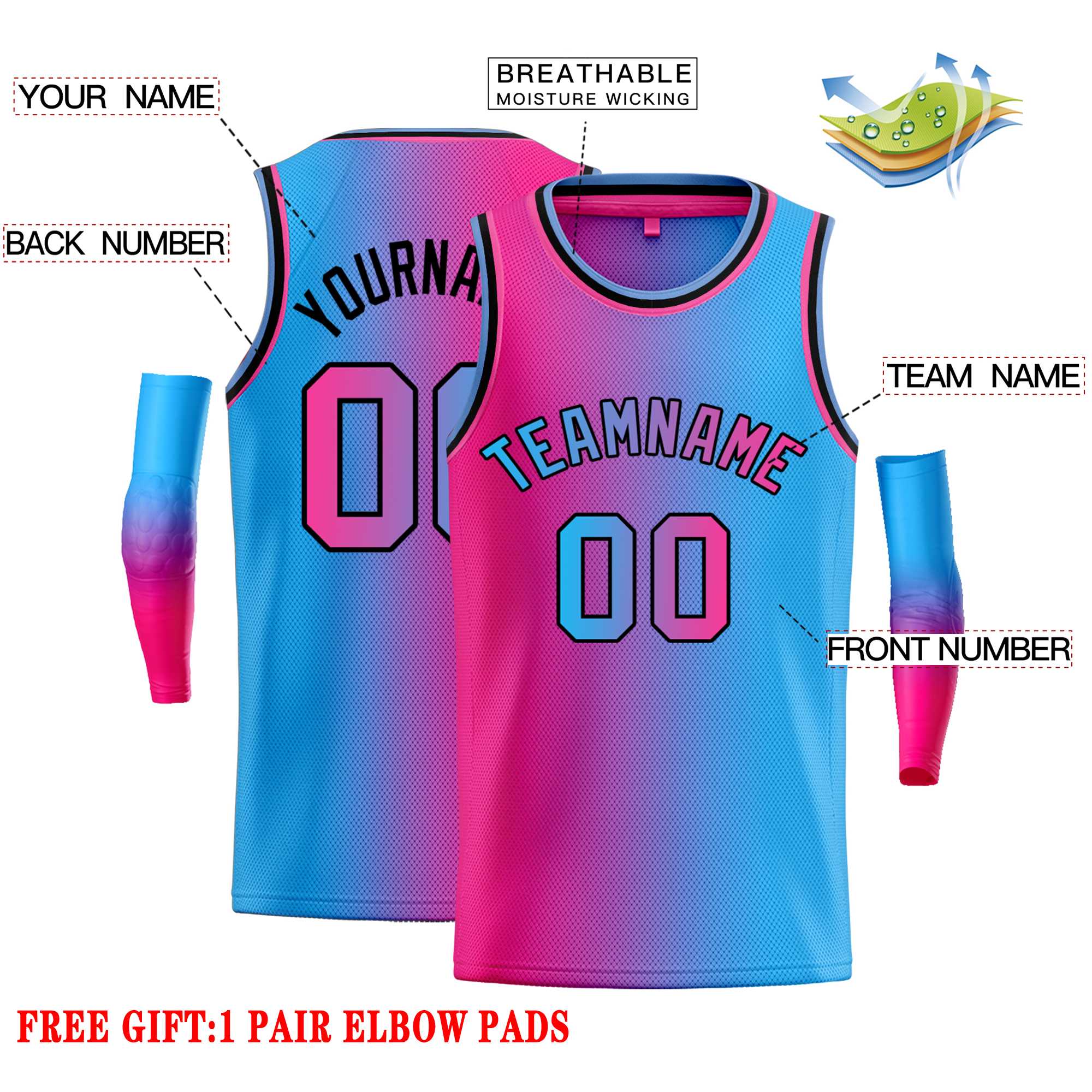 Custom Pink Blue Black-Pink Gradient Fashion Tops Bull Basketball Jersey