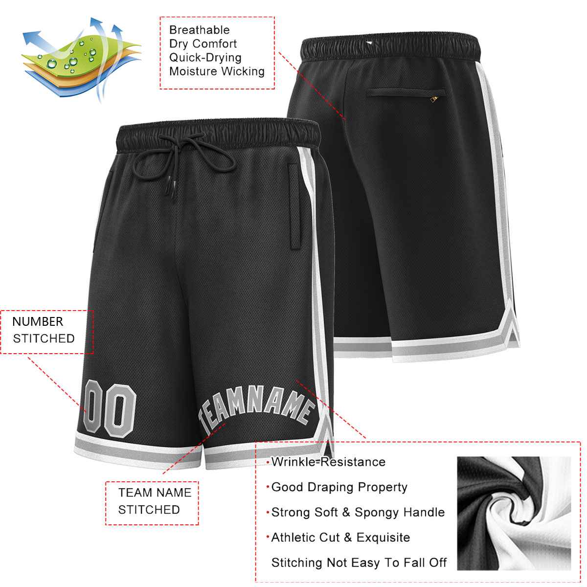 Short de basket-ball sport personnalisé noir gris-blanc