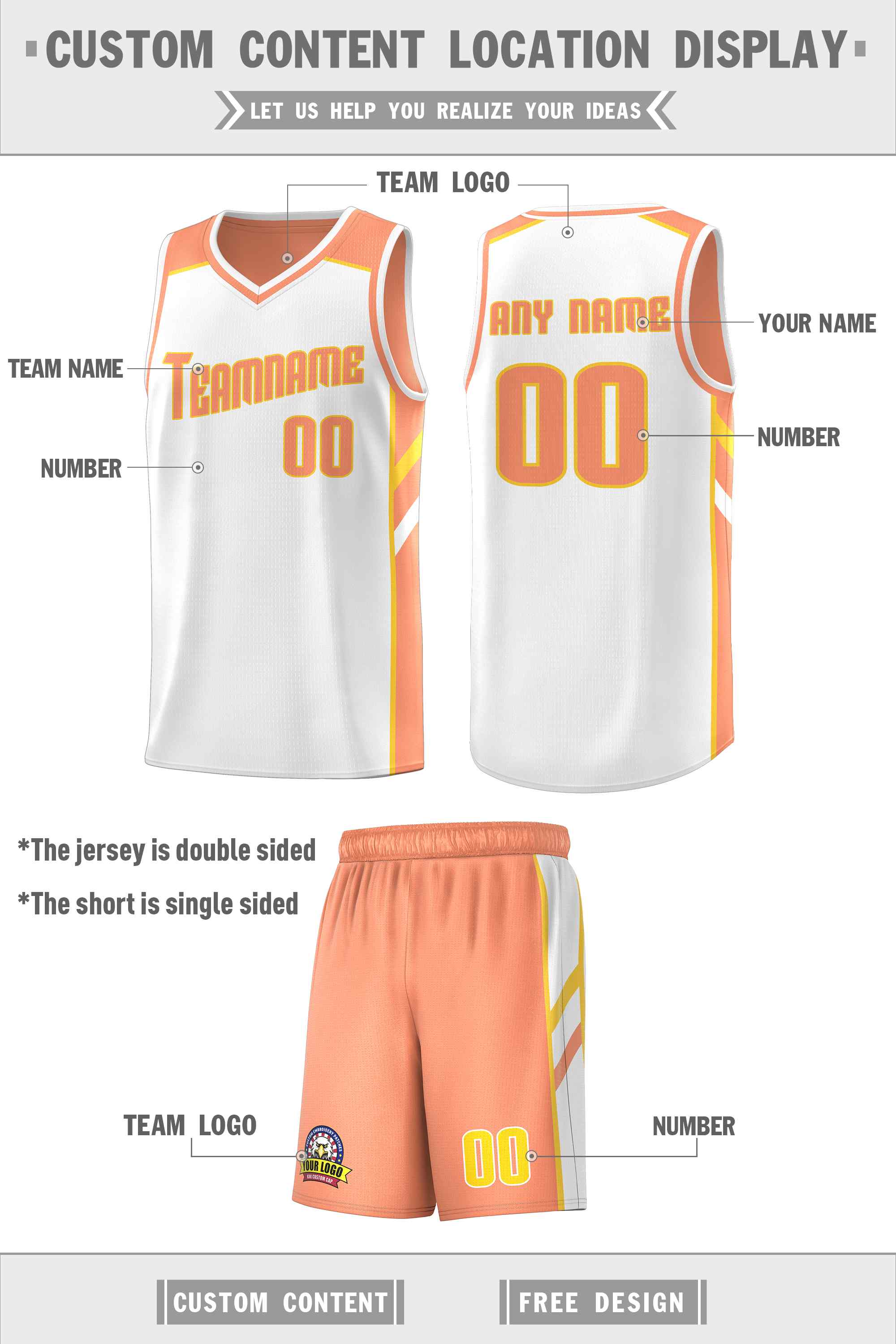 Maillot de basket-ball personnalisé Orange blanc-jaune Double face pour hommes