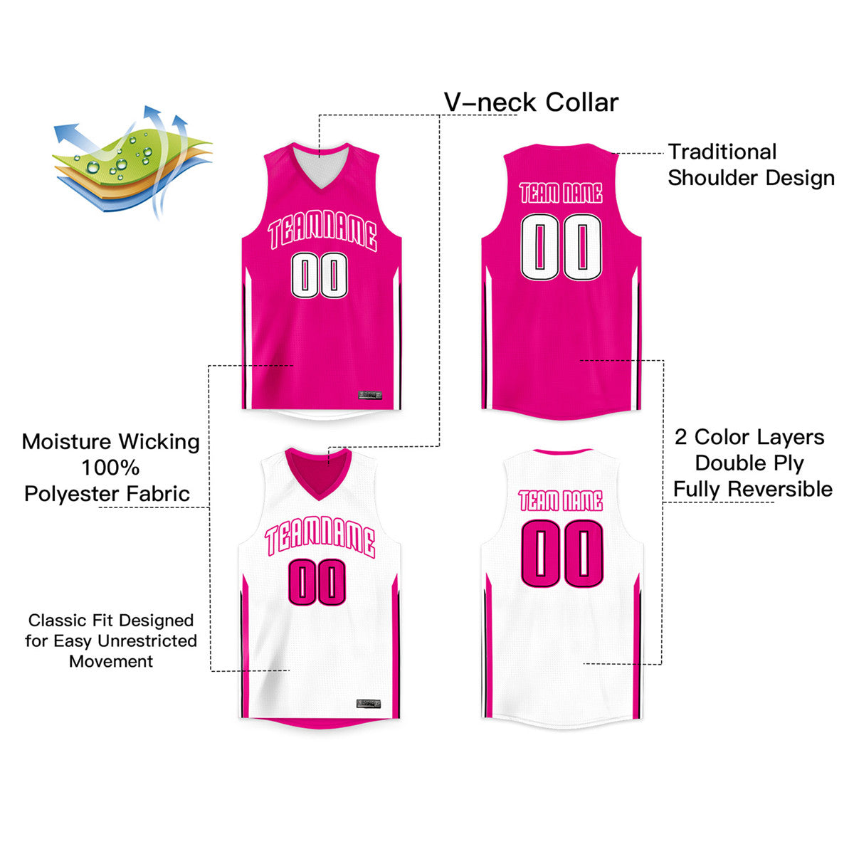 Custom Pink White Double Side Tops Basketball Jersey