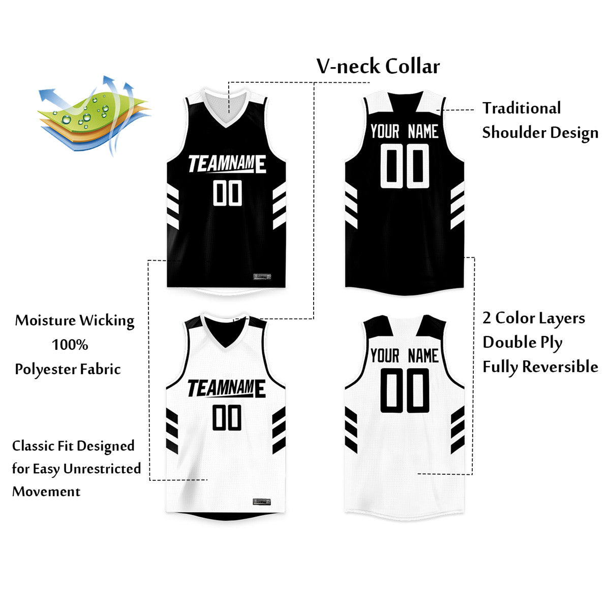 Custom Black White Double Side Tops Basketball Jersey