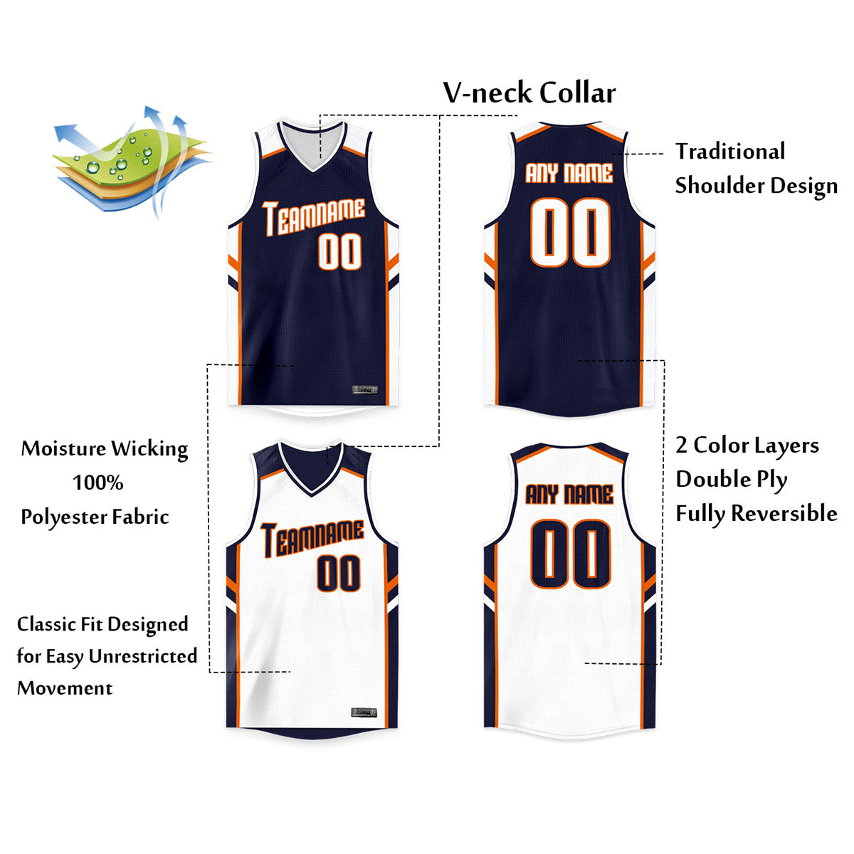 Custom Navy White-Orange Double Side Tops Men/Boy Basketball Jersey