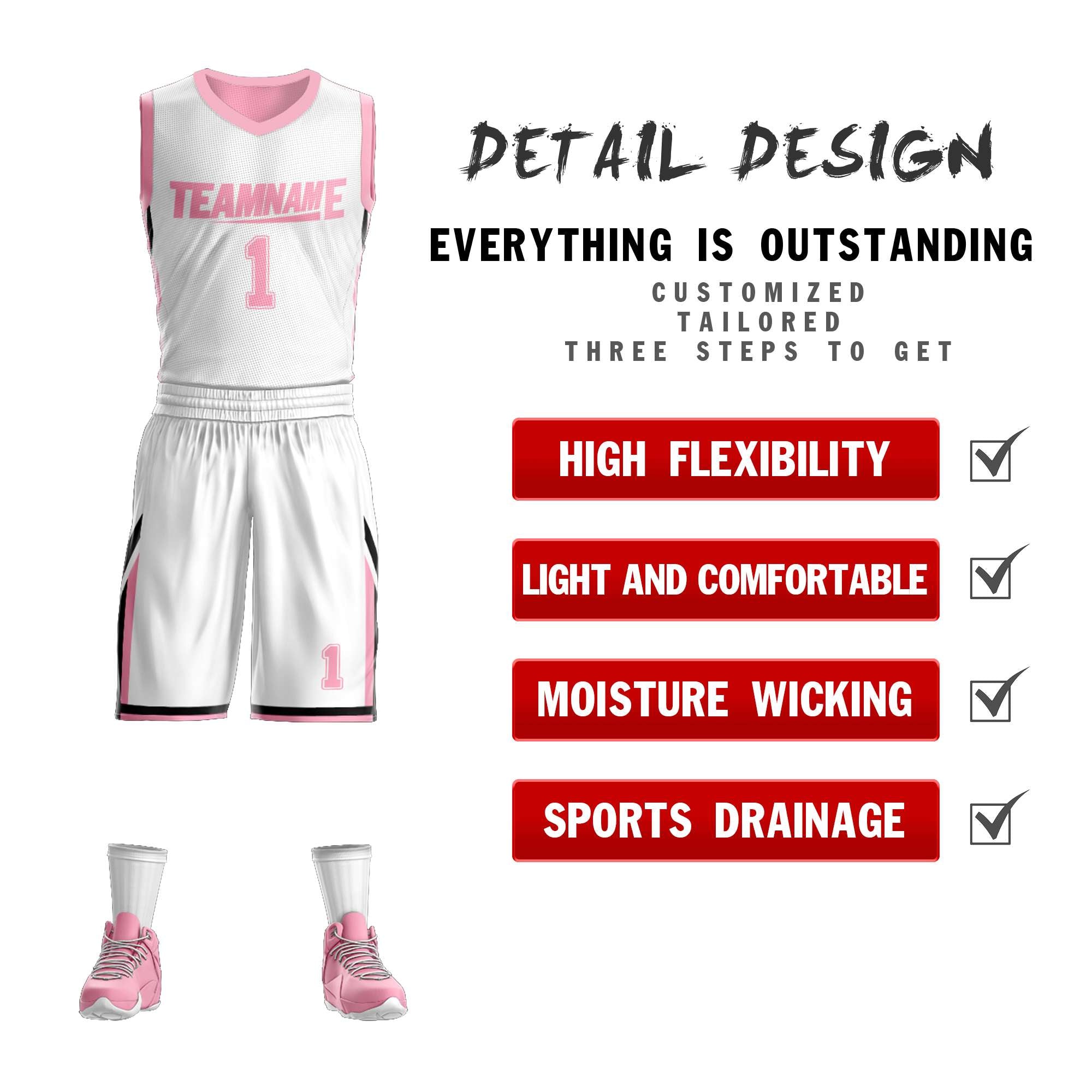 Custom White Pink Double Side Sets Design Sportswear Basketball Jersey