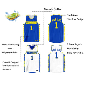 custom royal and white reversible basketball jerseys