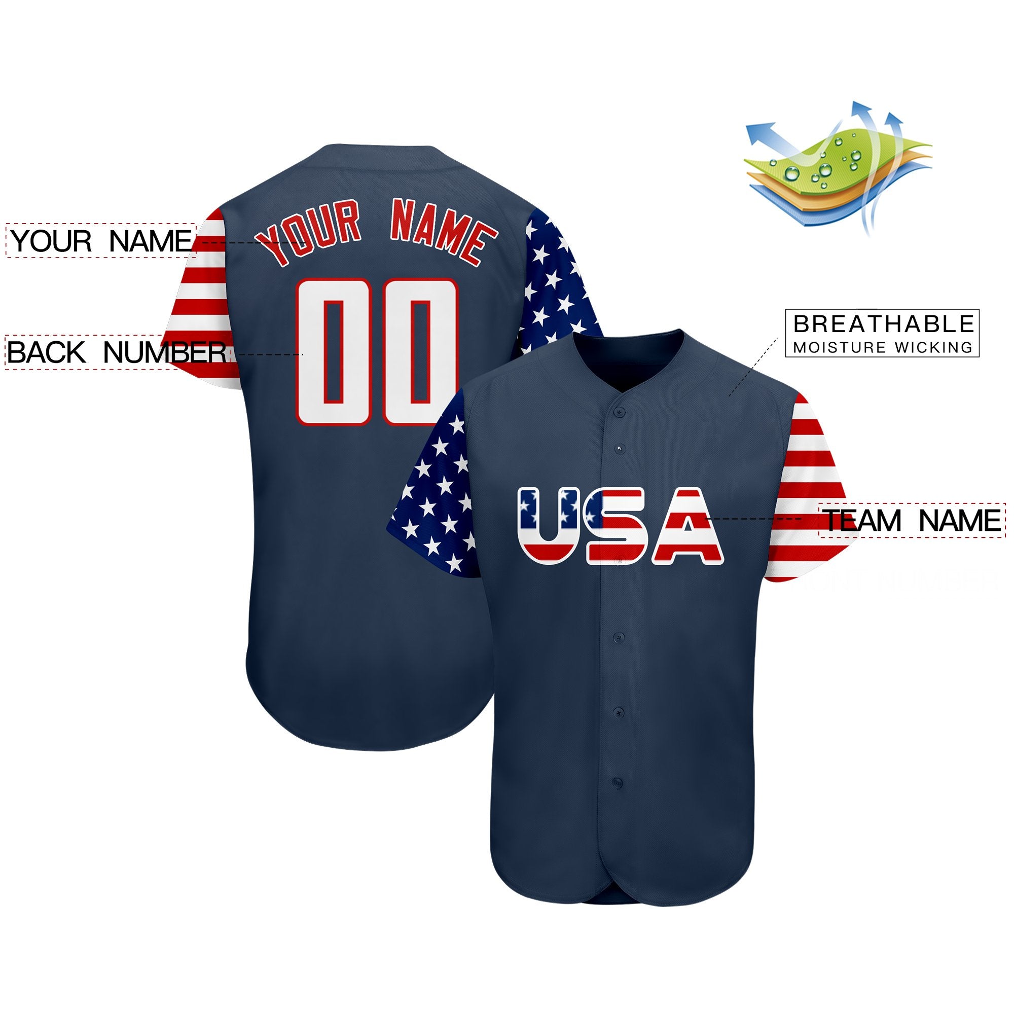 Custom Navy White-Red American Flag Authentic Baseball Jersey