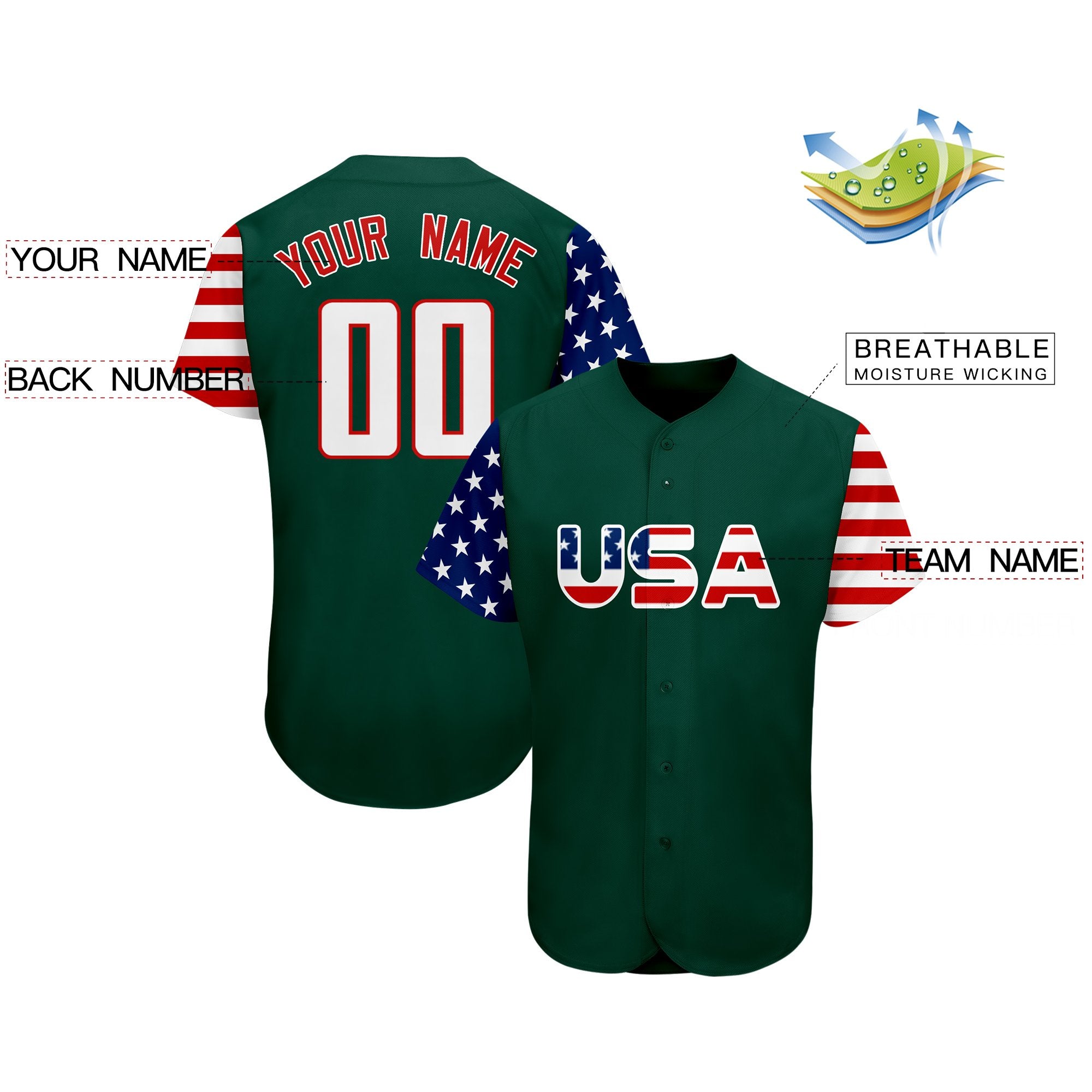 Custom Green White-Red American Flag Authentic Baseball Jersey