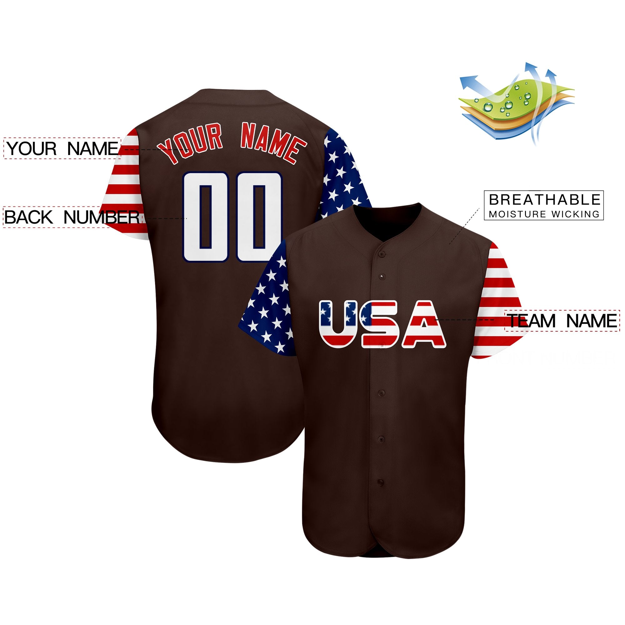 Custom Brown White-Navy American Flag Authentic Baseball Jersey