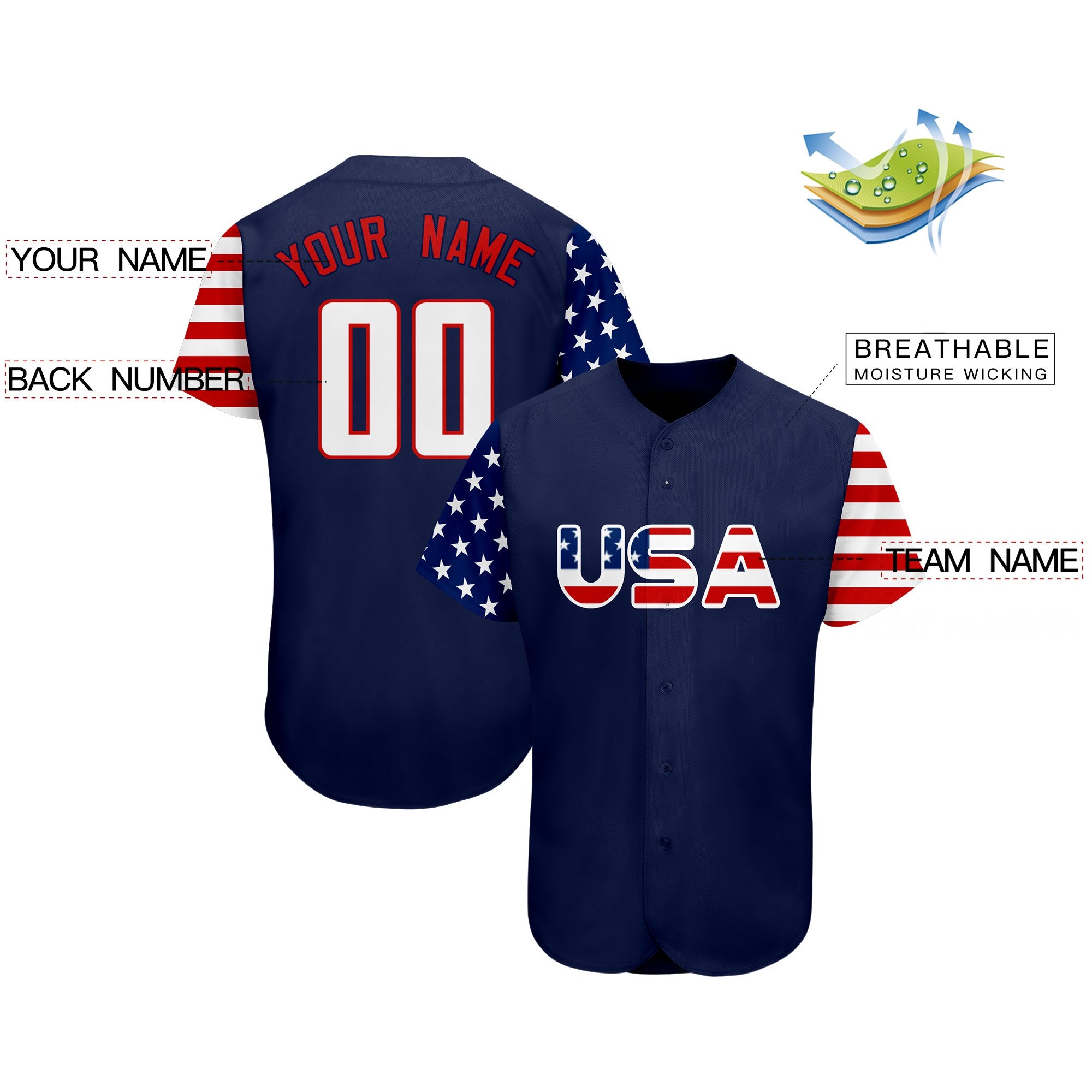 Custom Navy White-Red American Flag Authentic Baseball Jersey