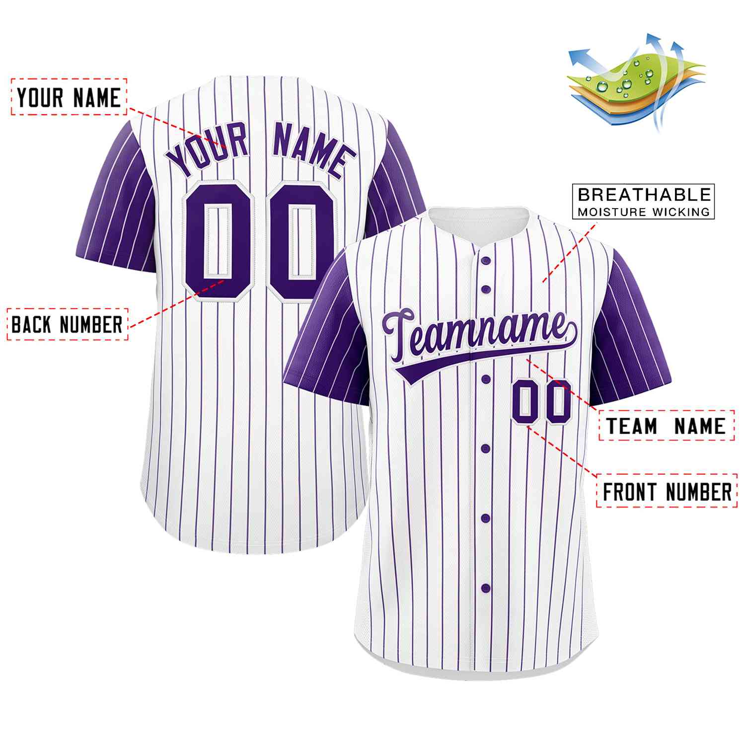 Maillot de baseball authentique à manches raglan à rayures blanches et violettes personnalisées