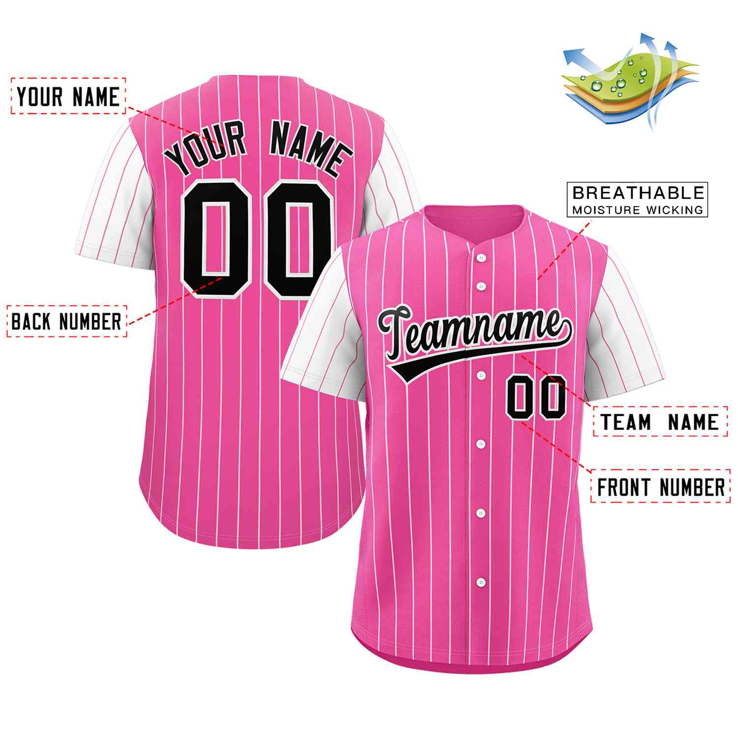 Maillot de Baseball authentique à manches Raglan, personnalisé, rose, noir et blanc, à la mode