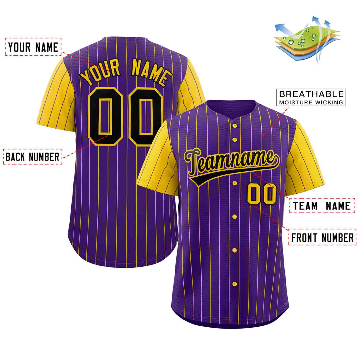 Maillot de Baseball authentique à manches Raglan, personnalisé, violet, noir et or, à la mode