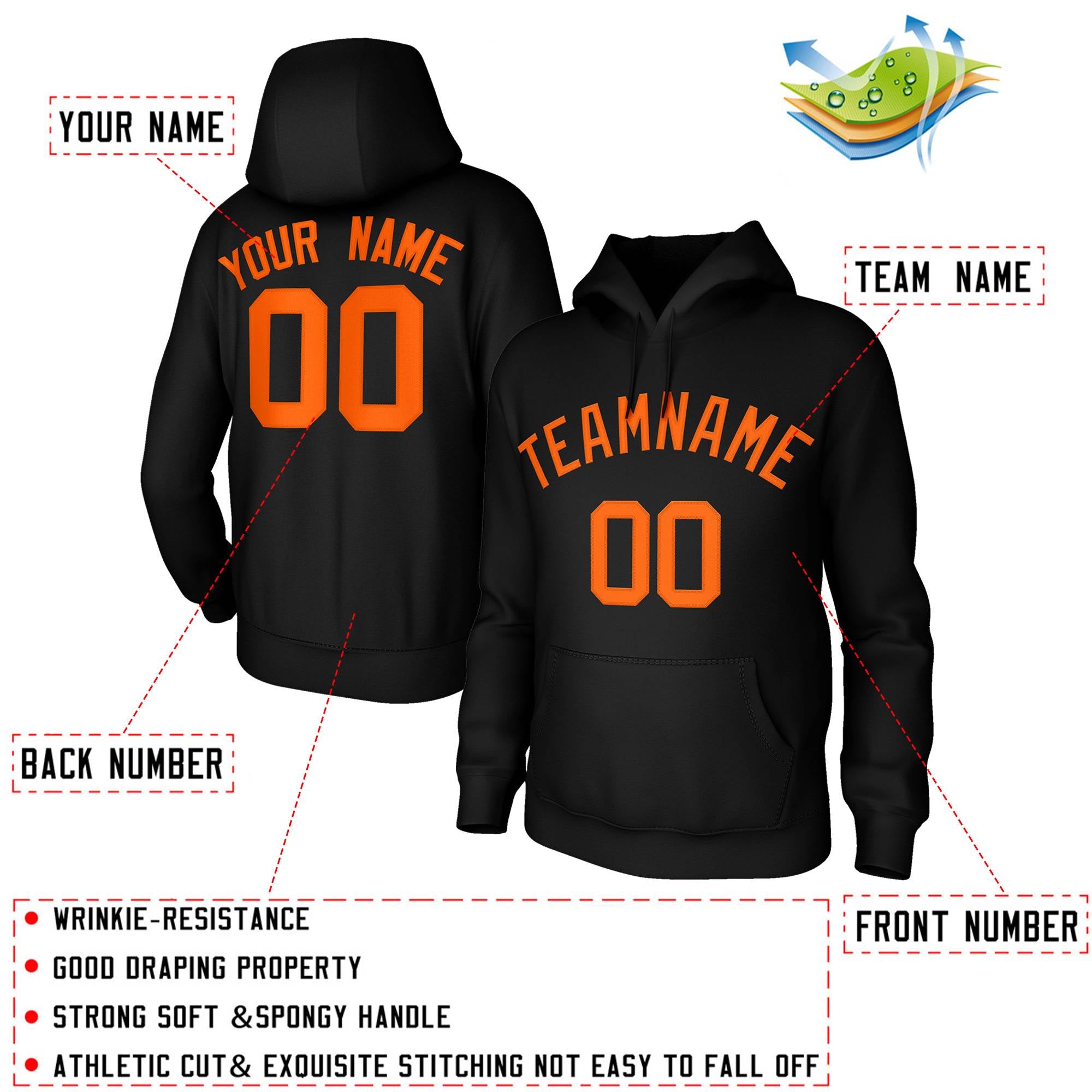 Custom Stitched Black Orange Classic Style Hoodie Training Uniform