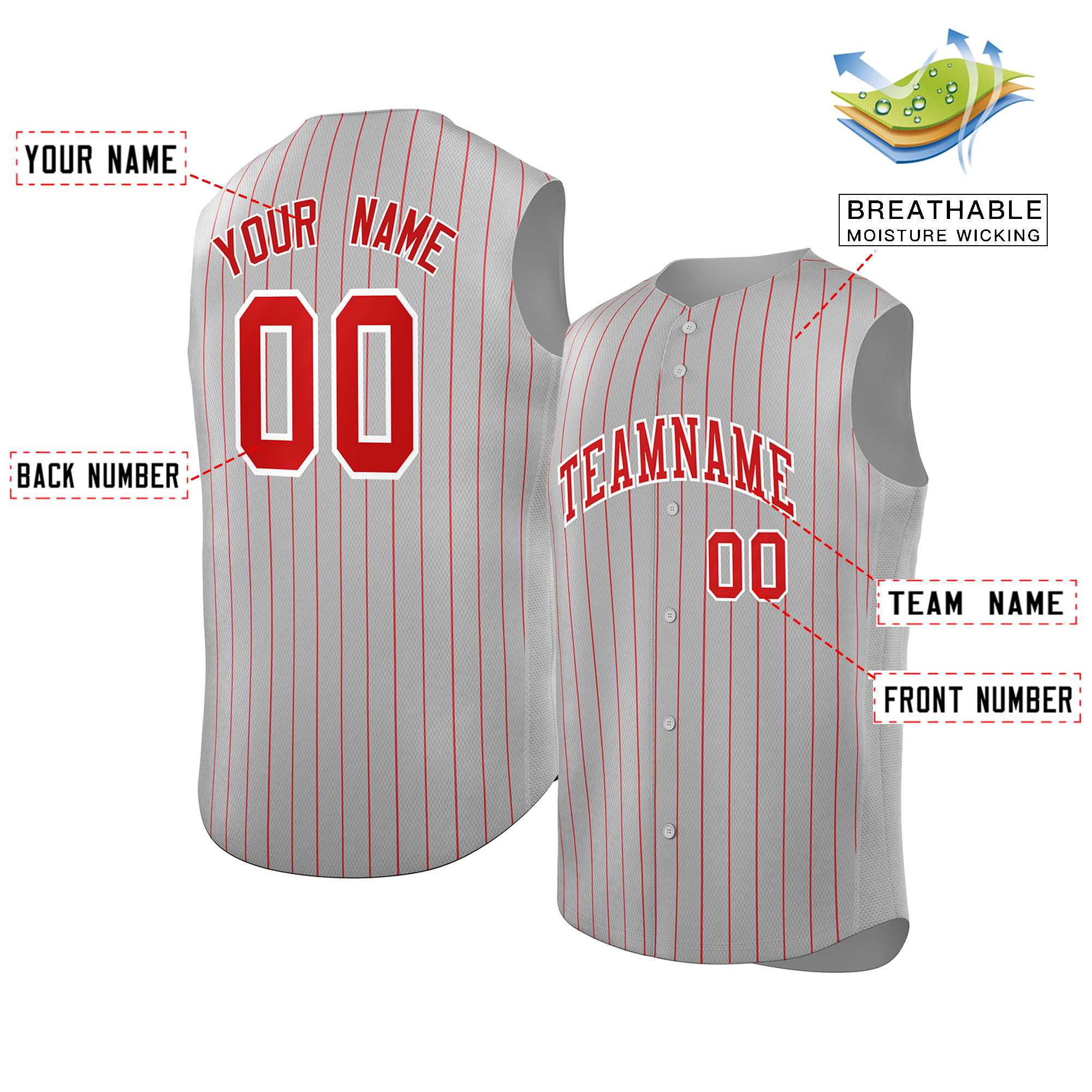 Maillot de baseball à rayures sans manches, personnalisé, gris, rouge et blanc, à la mode