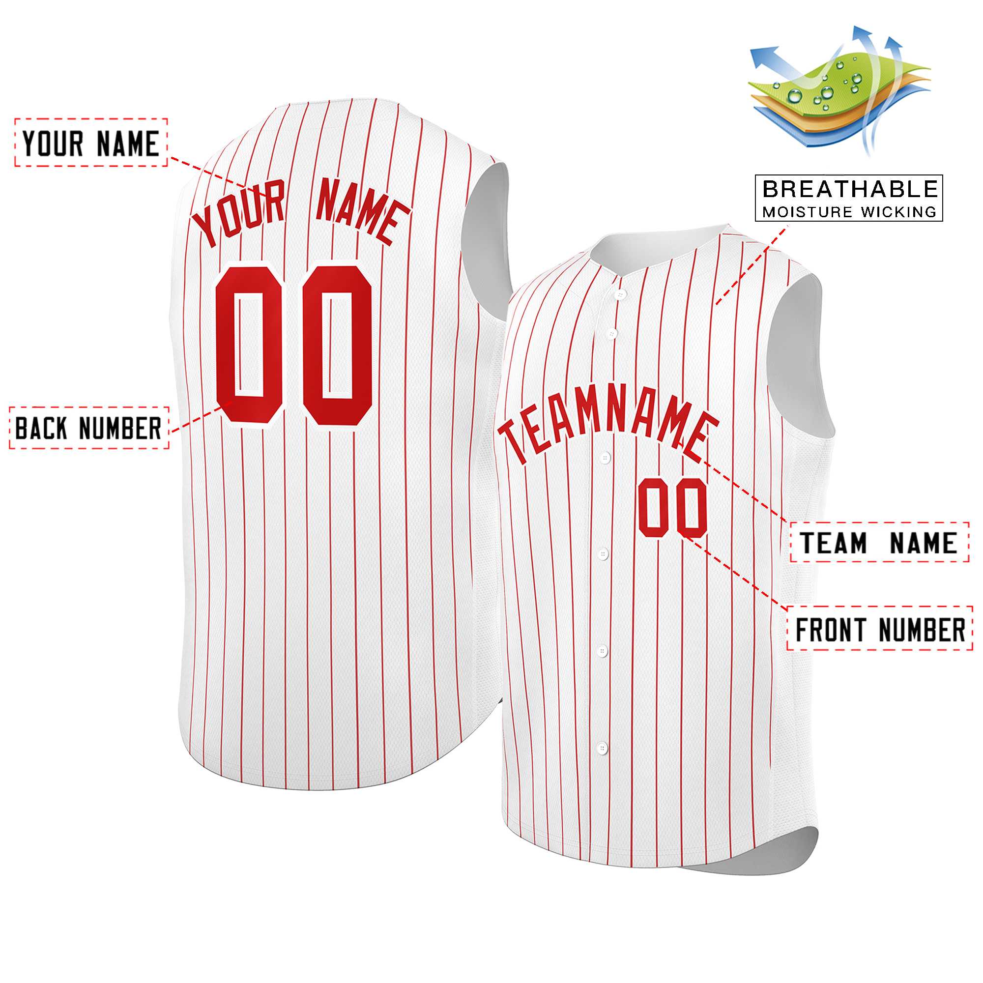 Maillot de baseball à rayures sans manches, personnalisé, blanc, rouge-blanc, à la mode