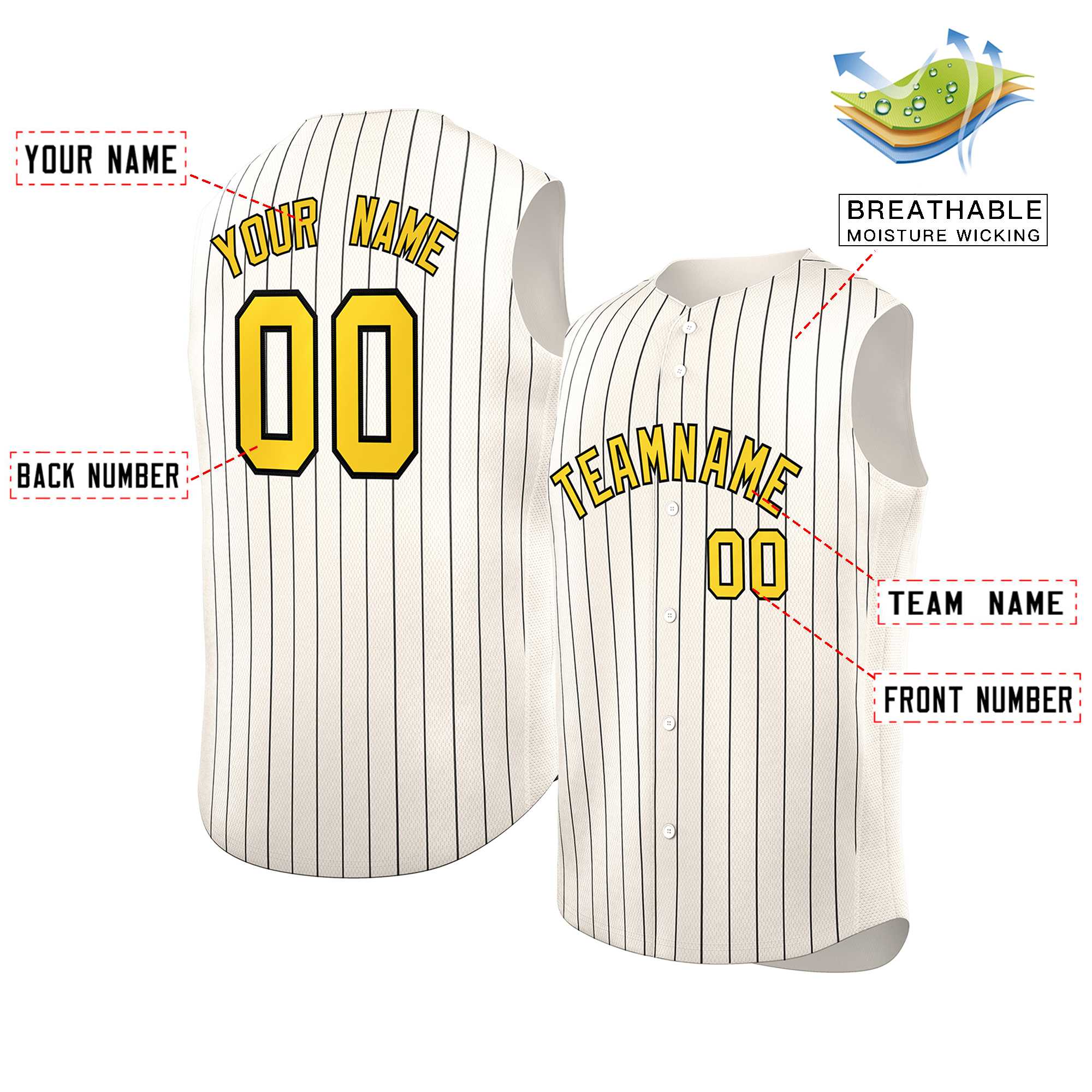 Maillot de baseball à rayures sans manches, personnalisé, crème, or et noir, à la mode