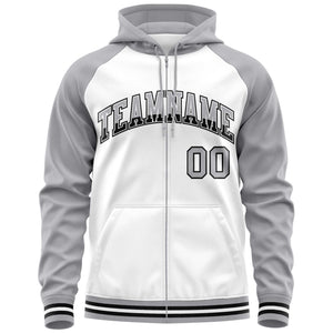 Custom Stitched White Light Gray Raglan Sleeves Sports Full-Zip Sweatshirt Hoodie