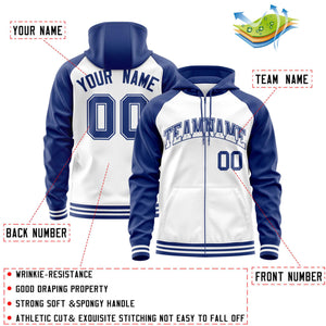 Custom Stitched White Royal Raglan Sleeves Sports Full-Zip Sweatshirt Hoodie