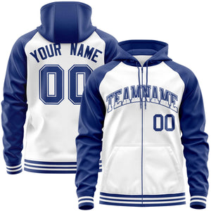 Custom Stitched White Royal Raglan Sleeves Sports Full-Zip Sweatshirt Hoodie