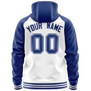 Custom Stitched White Royal Raglan Sleeves Sports Full-Zip Sweatshirt Hoodie