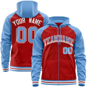 Custom Stitched Red Powder Blue Raglan Sleeves Sports Full-Zip Sweatshirt Hoodie