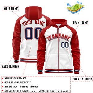 Custom Stitched White Red Raglan Sleeves Sports Full-Zip Sweatshirt Hoodie