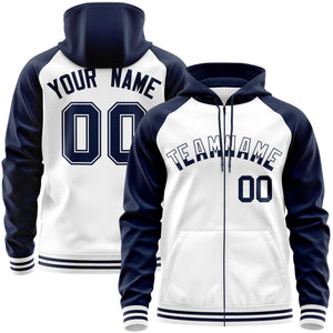 Custom Stitched White Navy Raglan Sleeves Sports Full-Zip Sweatshirt Hoodie