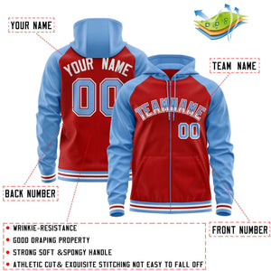 Custom Stitched Red Powder Blue Raglan Sleeves Sports Full-Zip Sweatshirt Hoodie