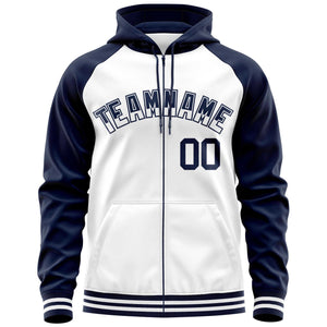 Custom Stitched White Navy Raglan Sleeves Sports Full-Zip Sweatshirt Hoodie